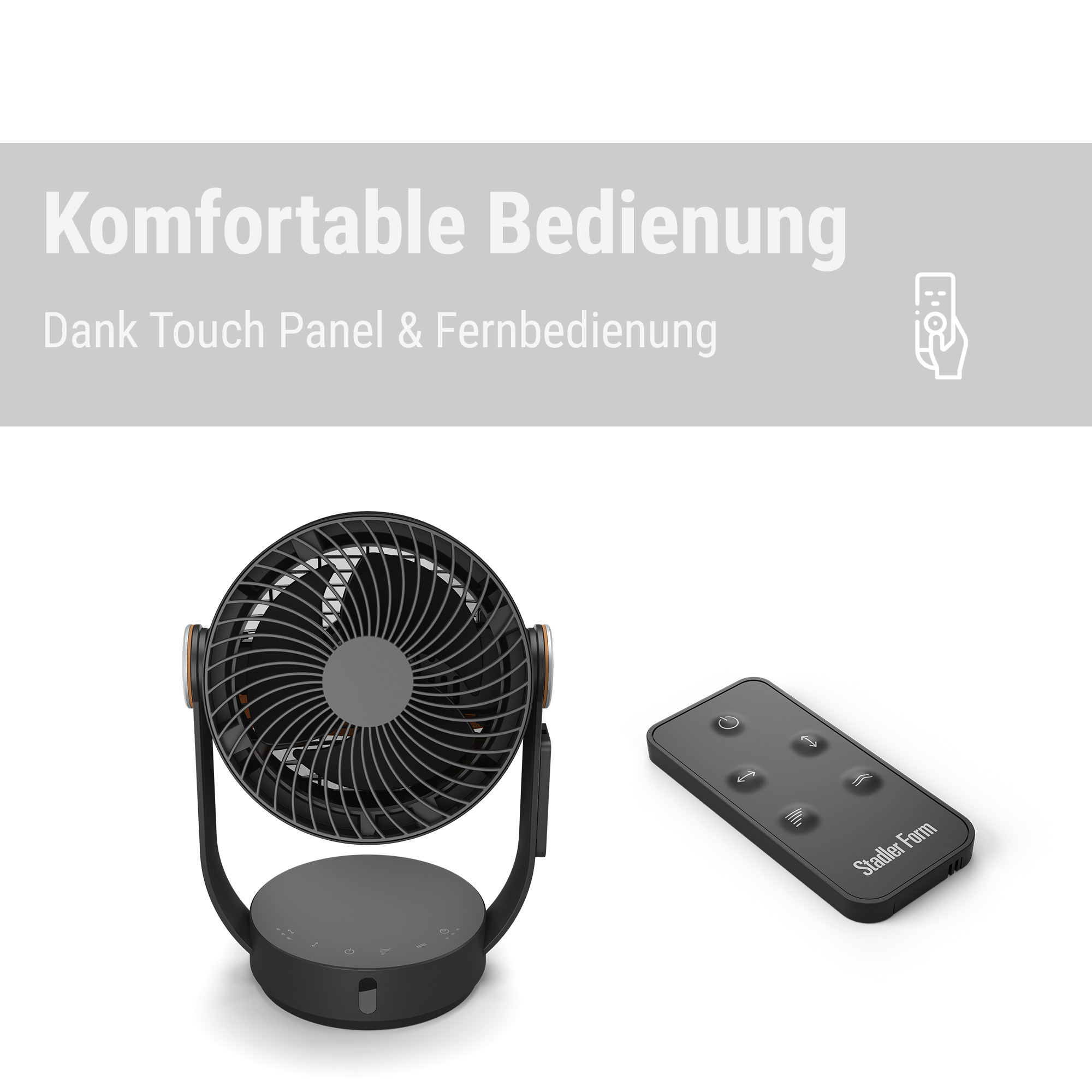 Ein schwarzer Ventilator und eine Fernbedienung auf weißem Hintergrund.