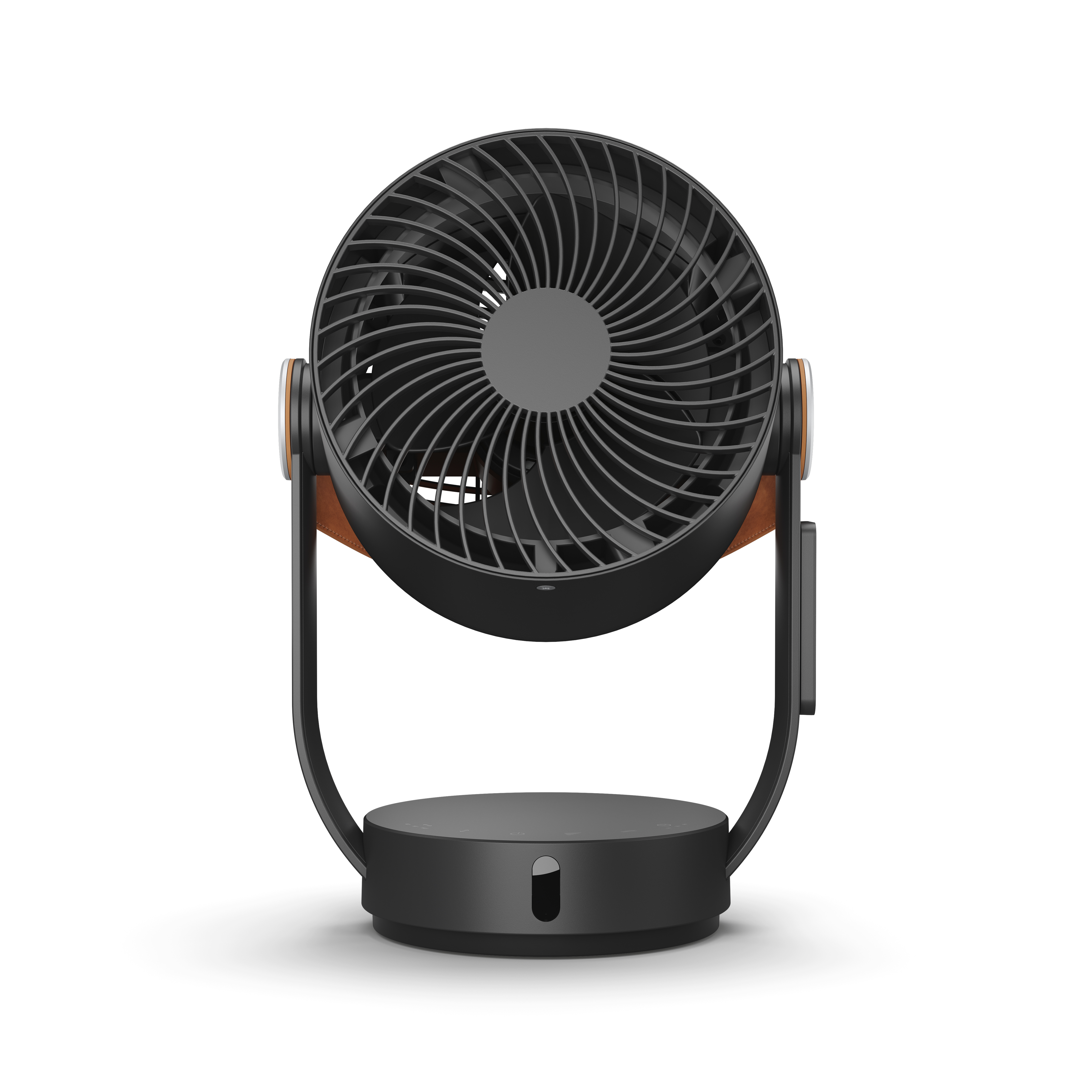 Ein schwarzer Tischventilator mit braunen Akzenten auf einem weißen Hintergrund.