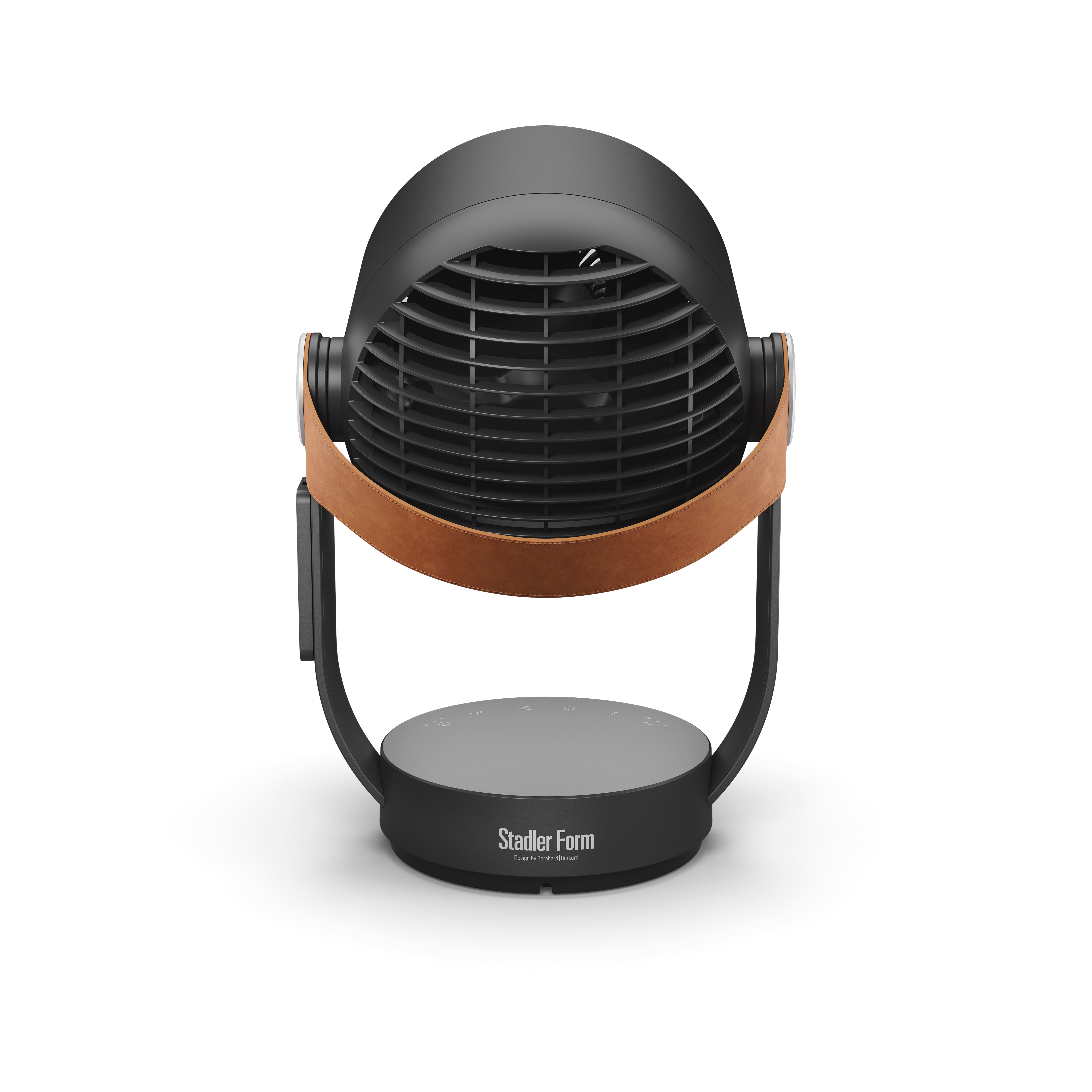 Ein schwarzer Ventilator mit braunem Lederband und Touch-Bedienfeld auf einem Sockel.