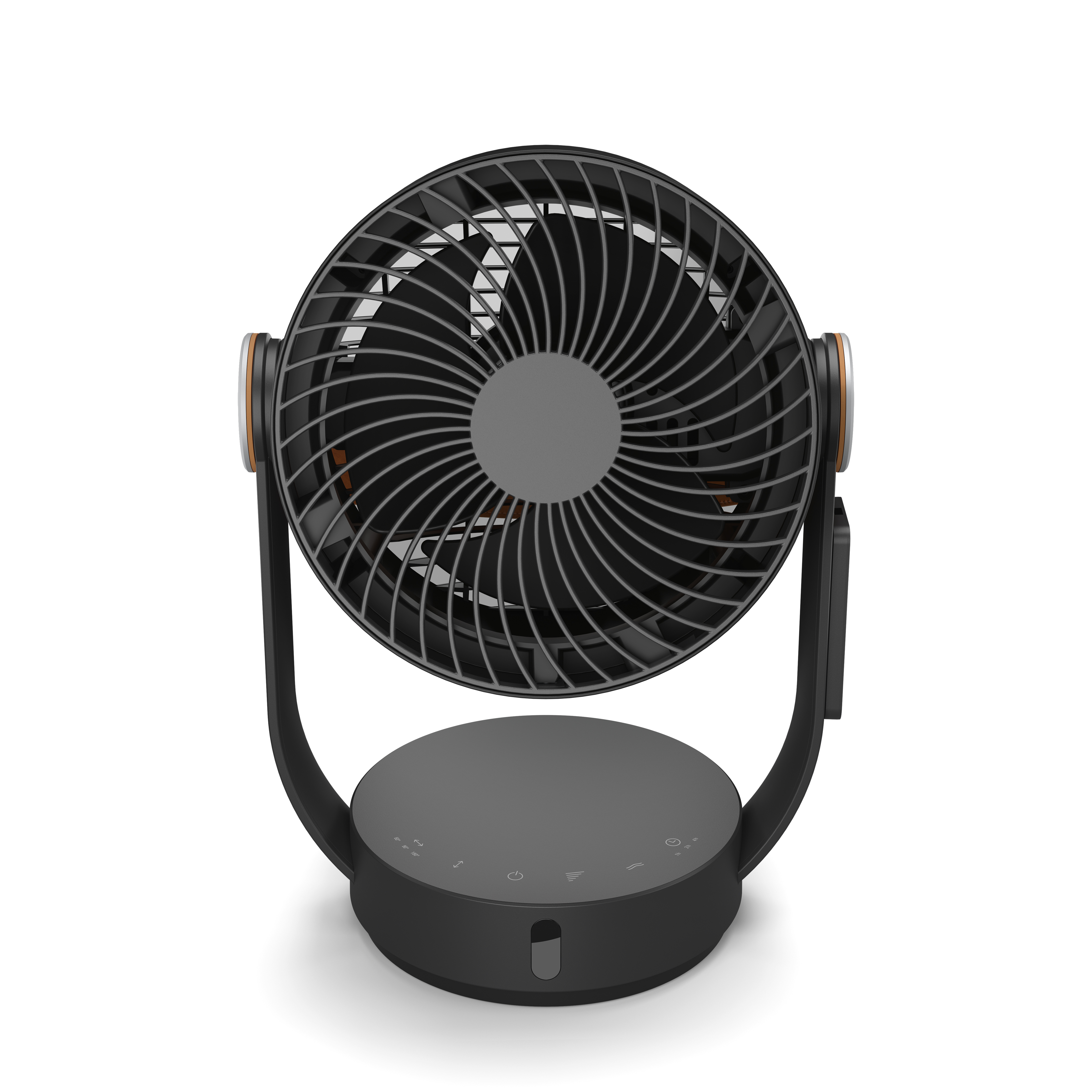 Ein schwarzer Tischventilator mit grauer Mitte und Bedienfeld.