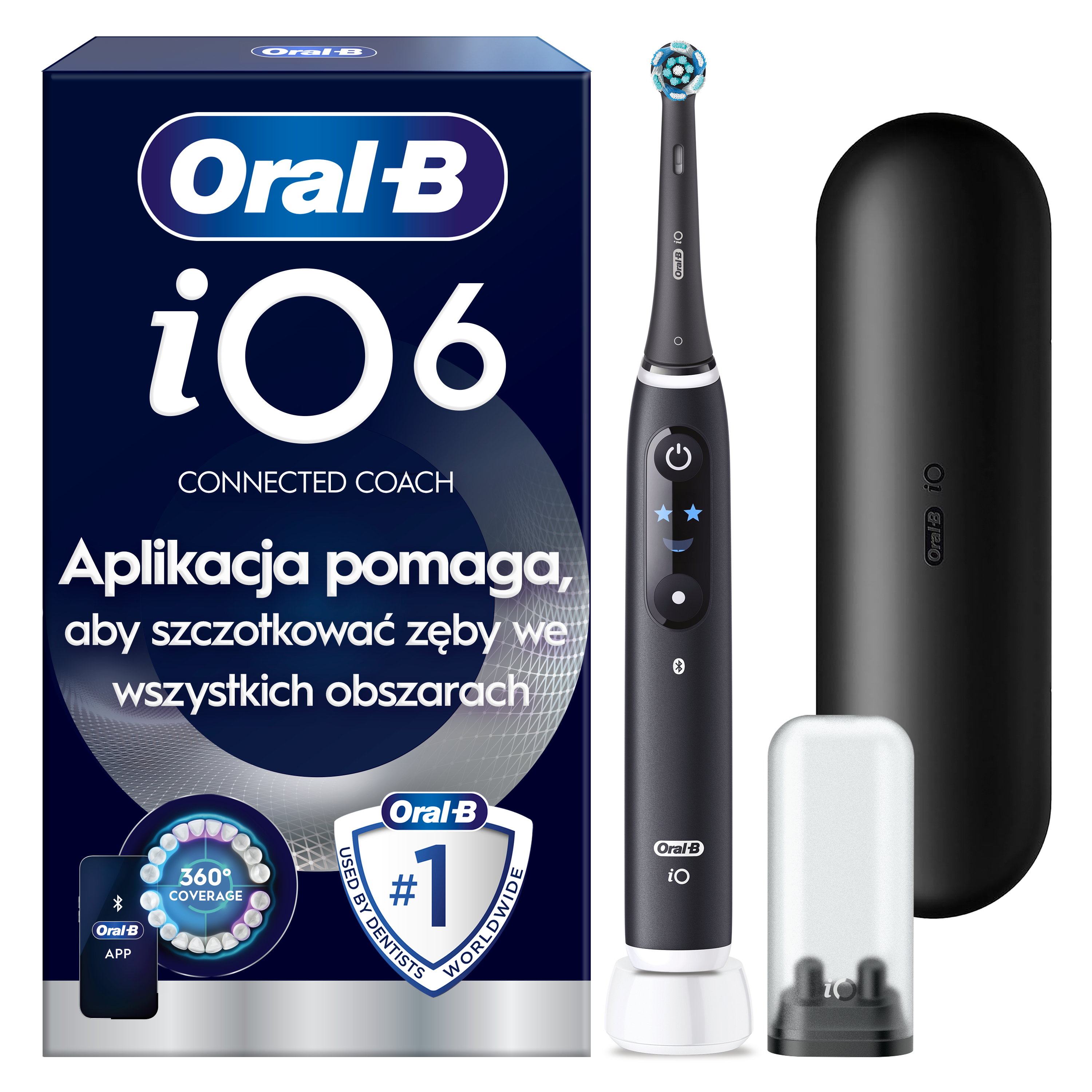 Szczoteczka Oral-B iO6 z etui ładującym i opakowaniem.