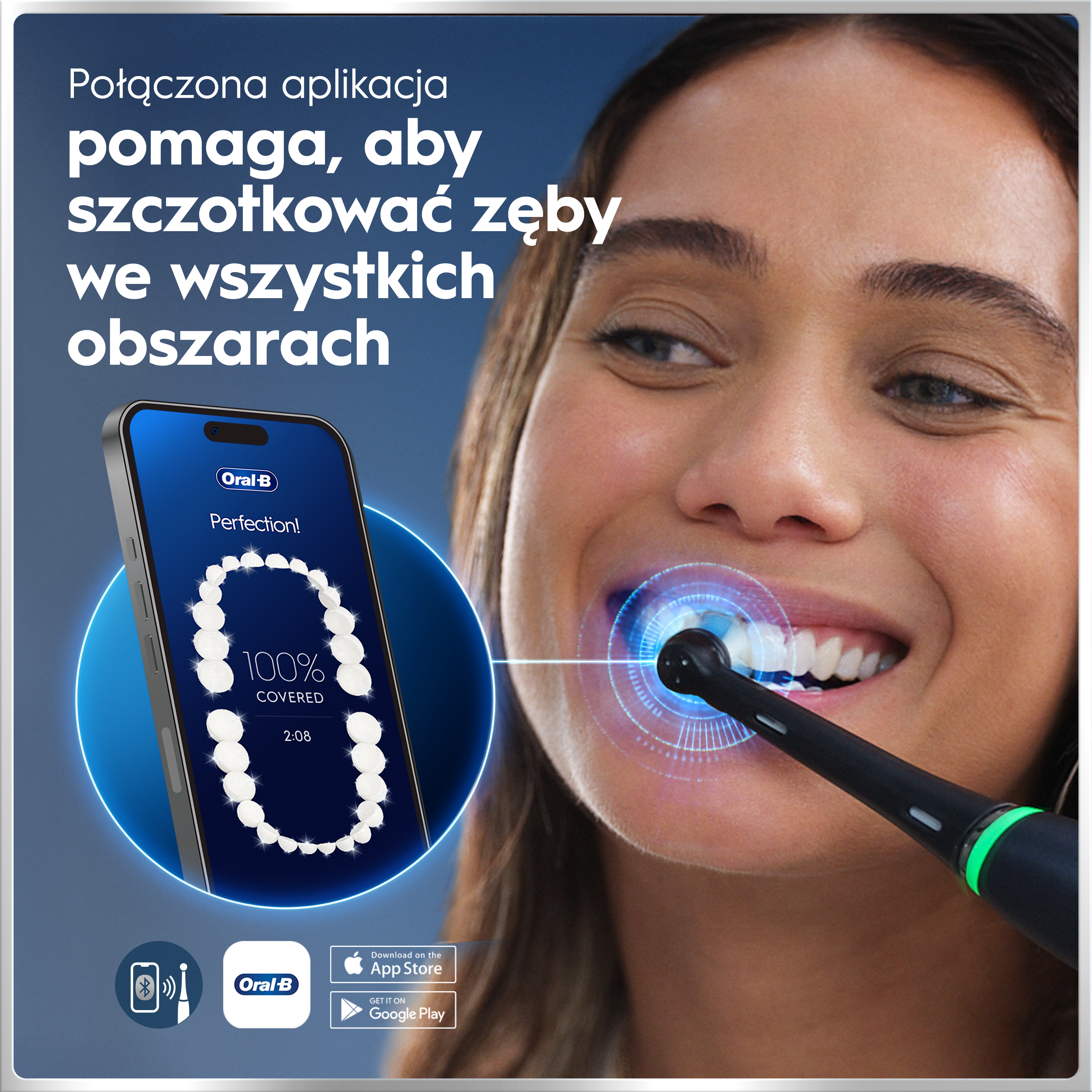 Kobieta myje zęby szczoteczką Oral-B połączoną z aplikacją.