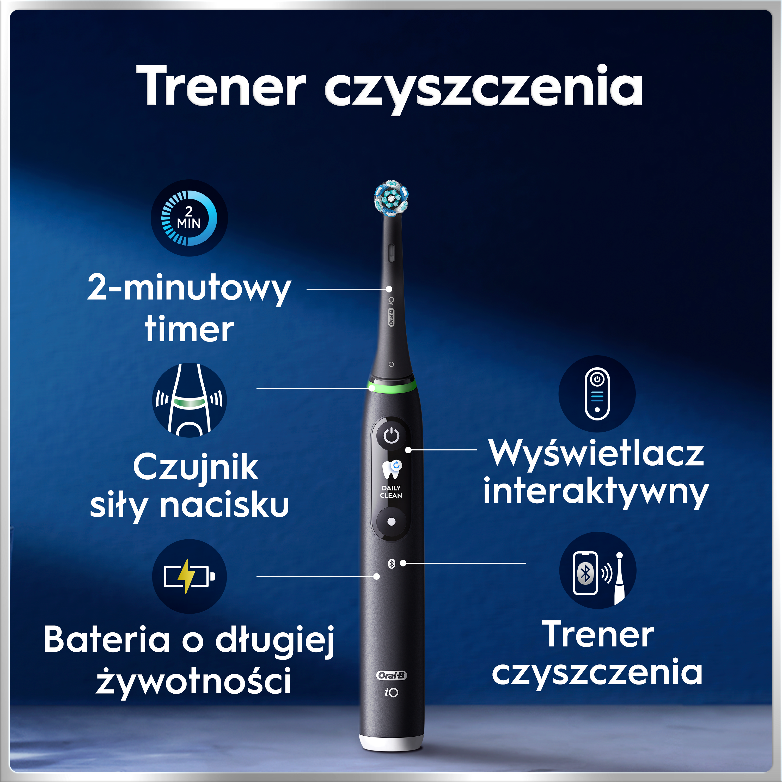 Elektryczna szczoteczka do zębów z timerem, czujnikiem nacisku, baterią i wyświetlaczem.