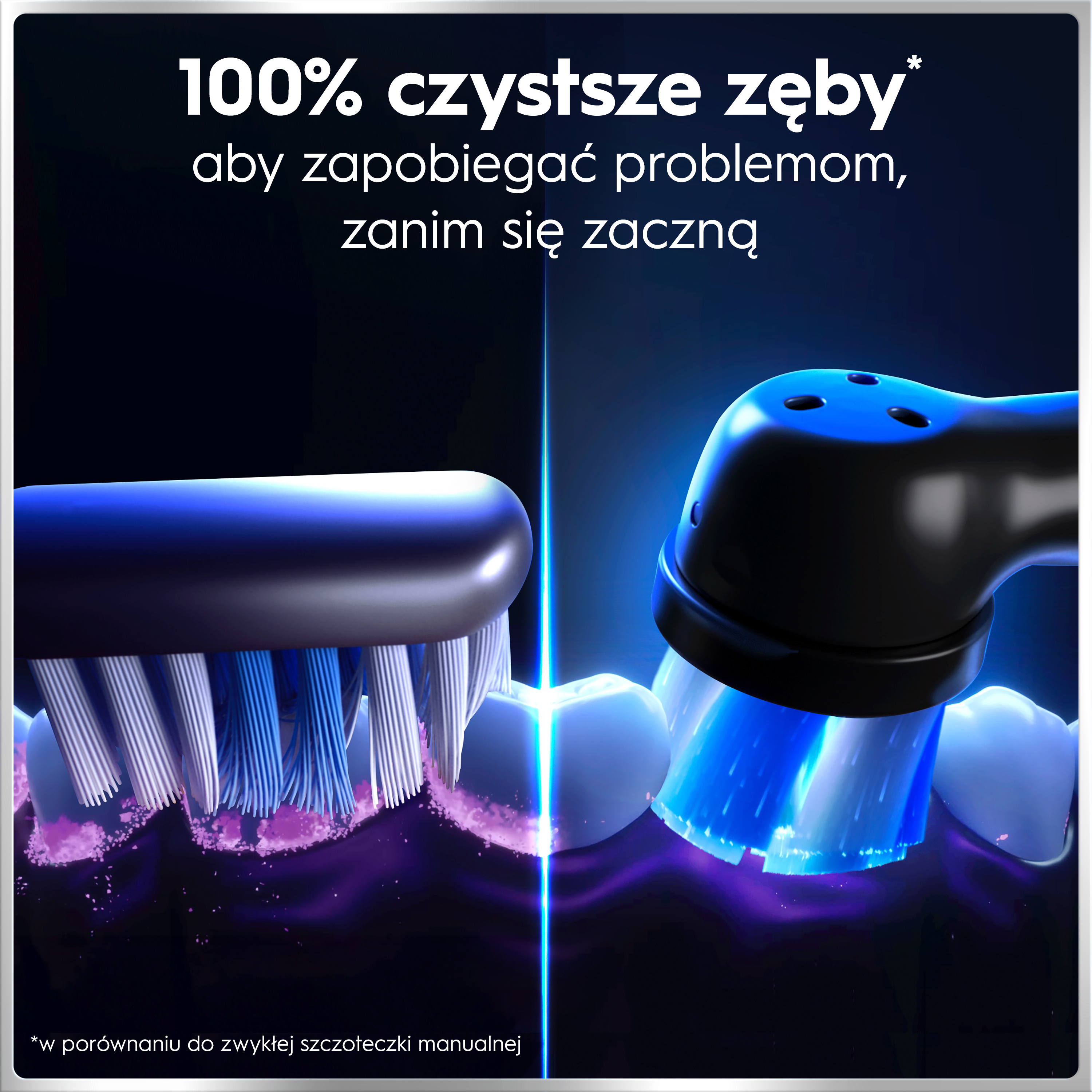 Szczoteczka elektryczna z niebieskim światłem czyszcząca zęby.