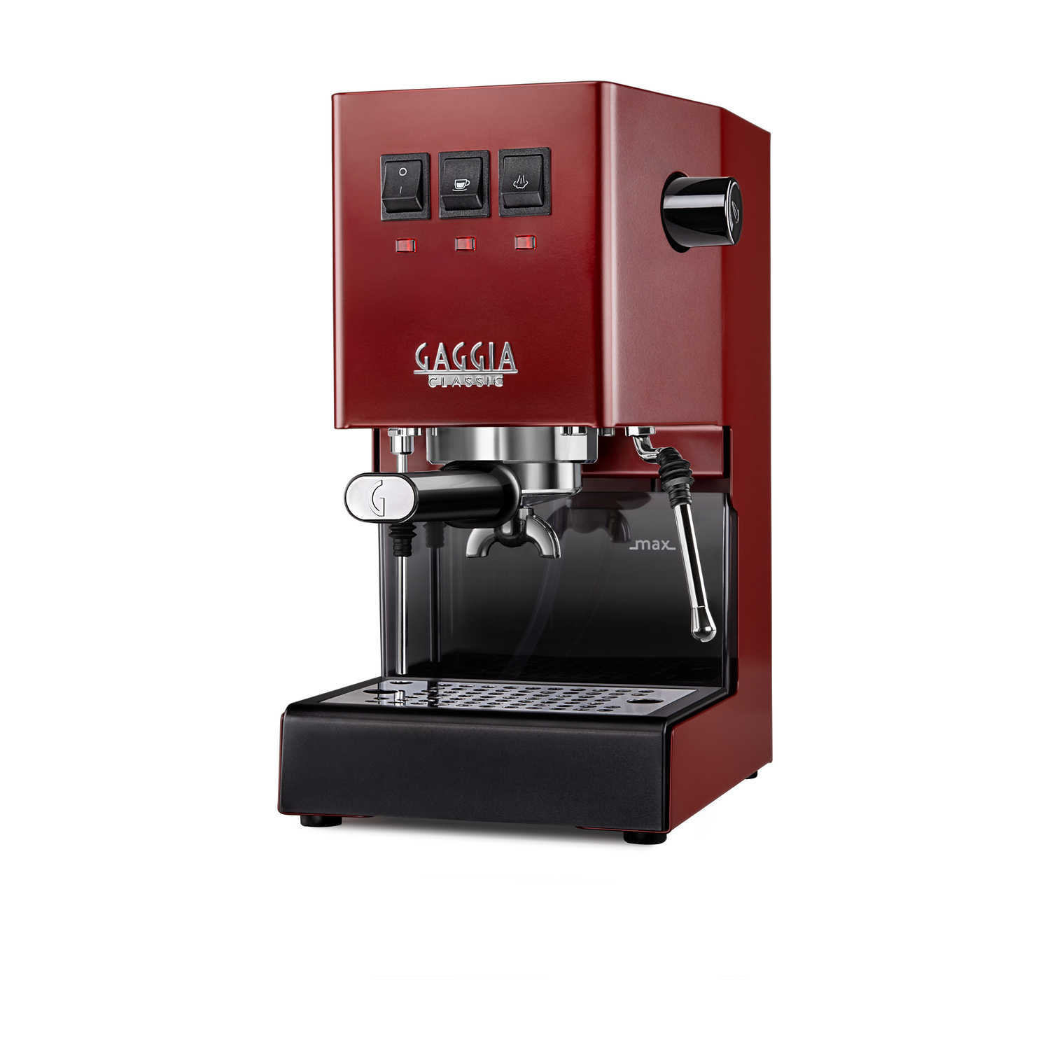 Una macchina per caffè espresso Gaggia rossa con accenti argentati e neri su sfondo bianco.