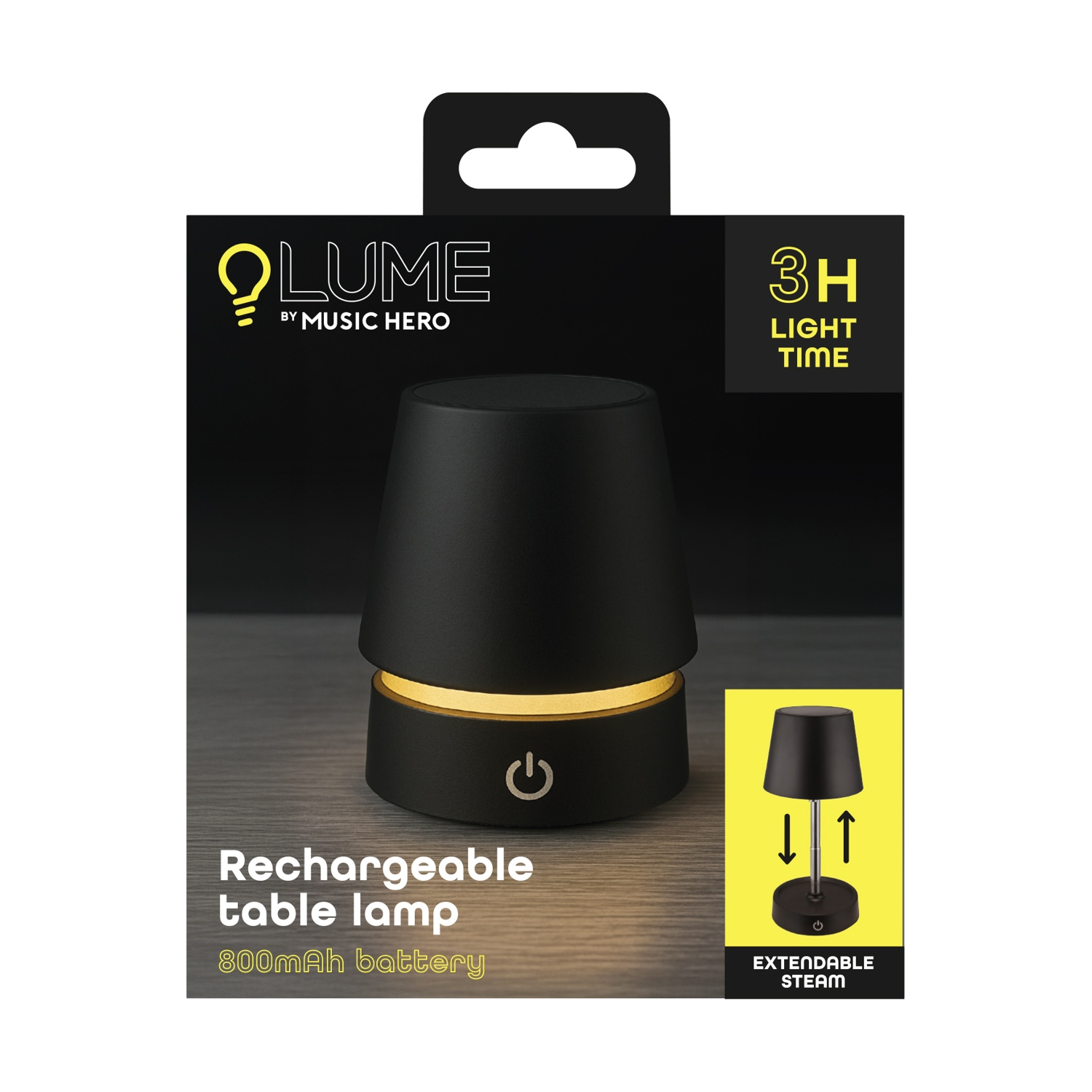 Lampada da tavolo ricaricabile nera con 3 ore di luce e batteria da 800mAh.