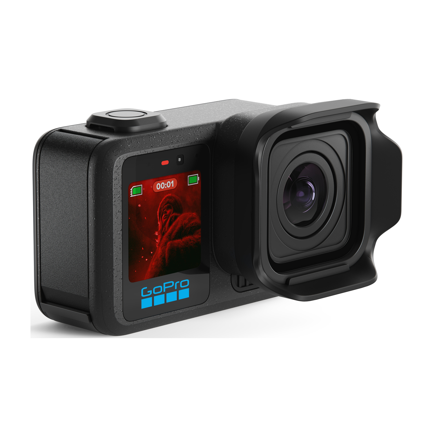 Telecamera GoPro nera con obiettivo e schermo che mostra il volto di un gorilla.