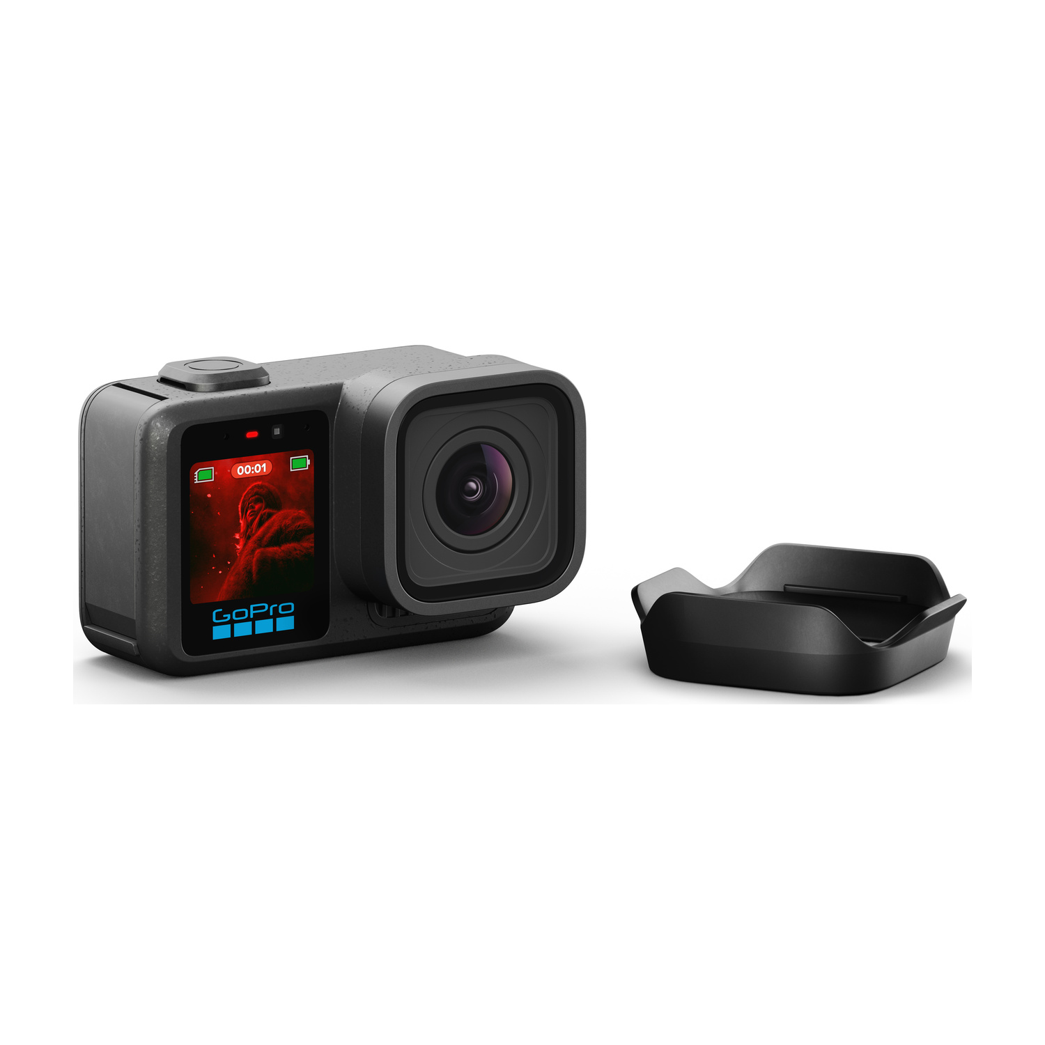 Telecamera GoPro nera con accessorio su sfondo bianco.