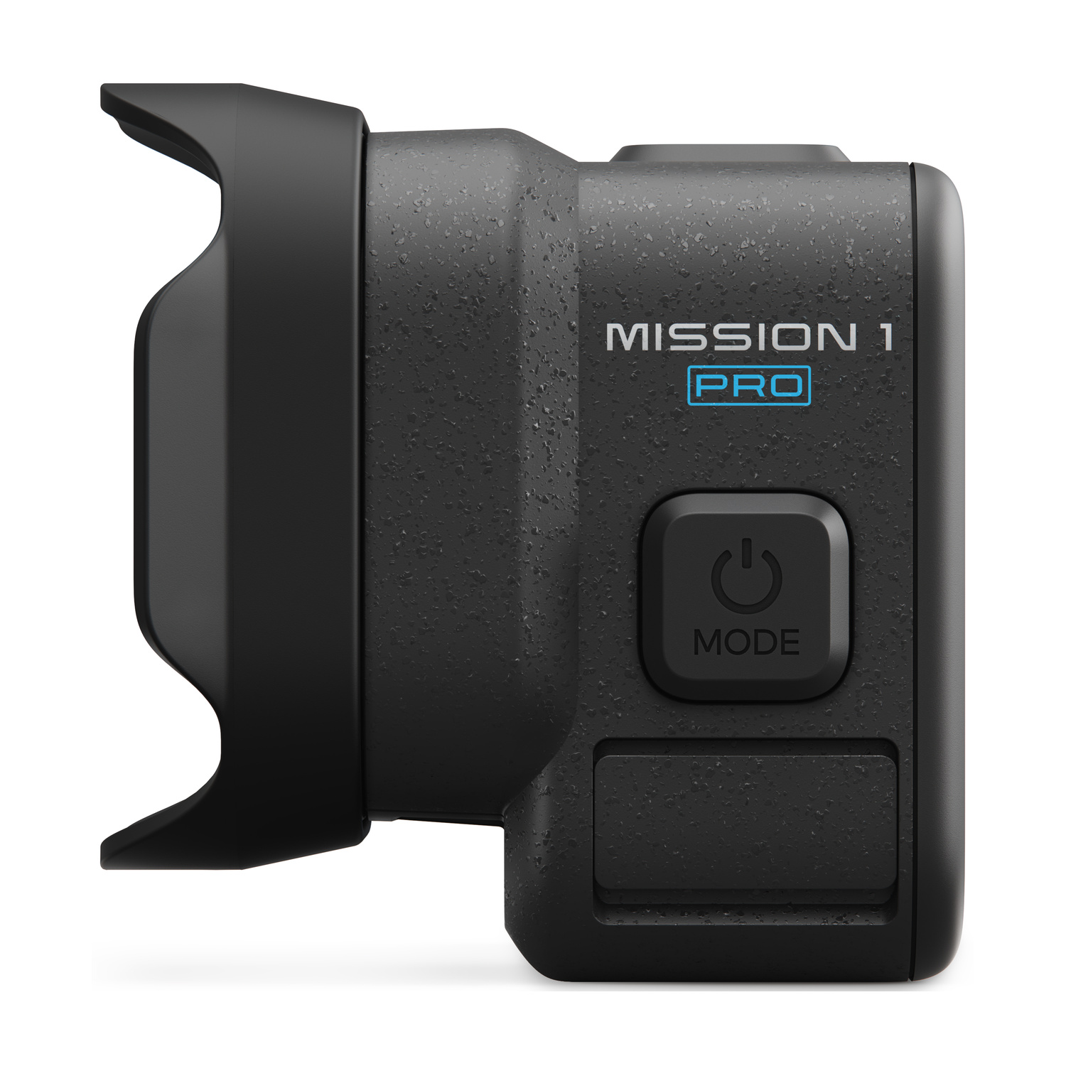 Action camera nera con logo MISSION 1 PRO e pulsante modalità.