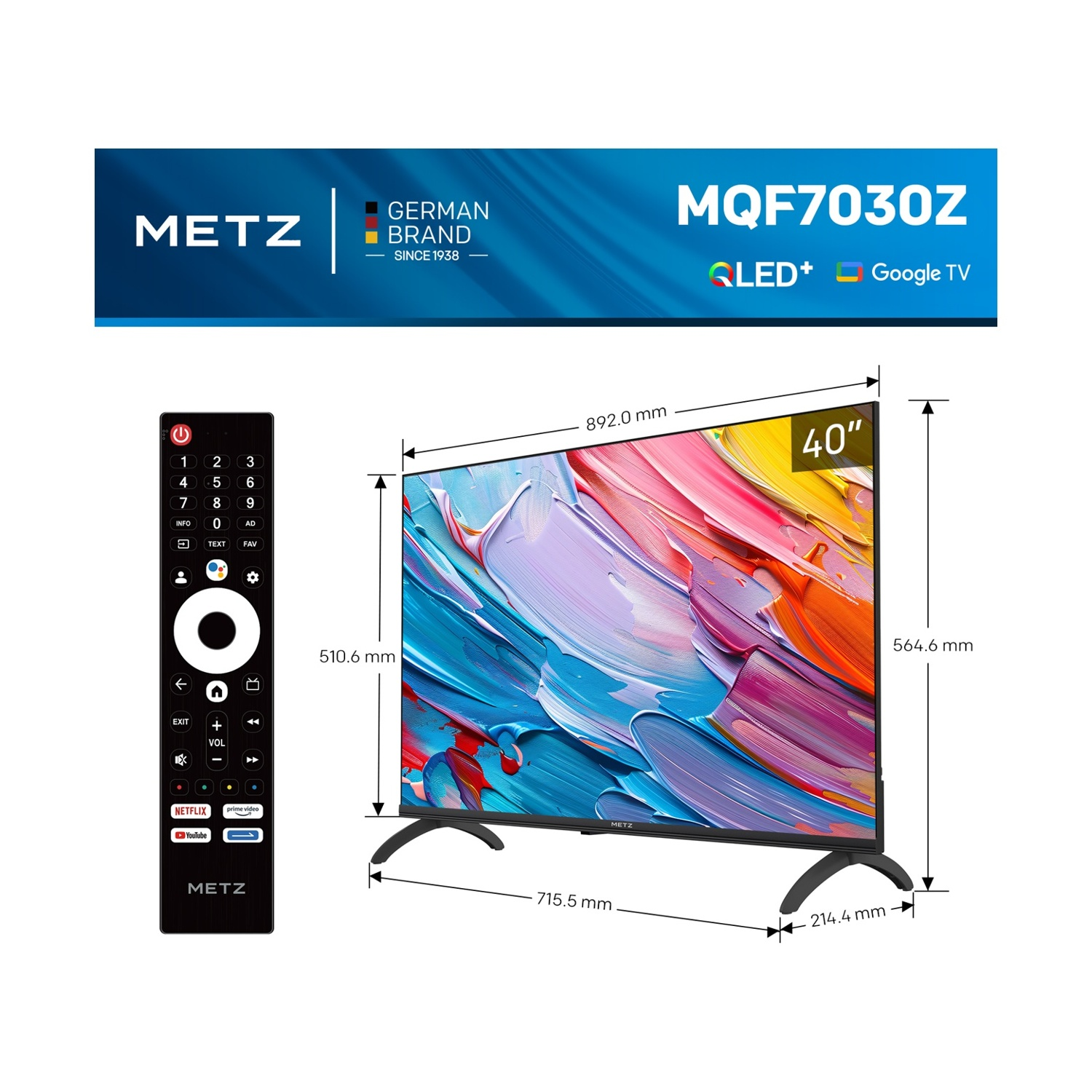 Una TV Metz da 40 pollici con telecomando e dimensioni.
