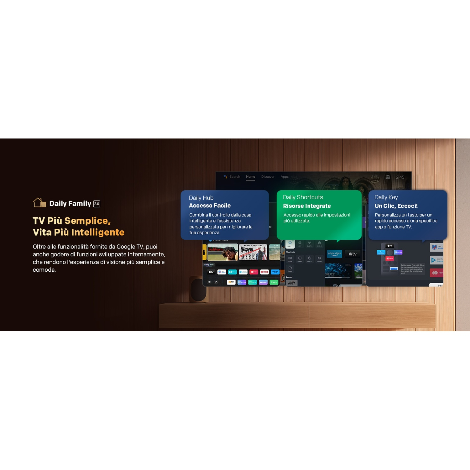 Una TV mostra l'interfaccia Daily Family con le funzioni Daily Hub, Daily Shortcuts e Daily Key.