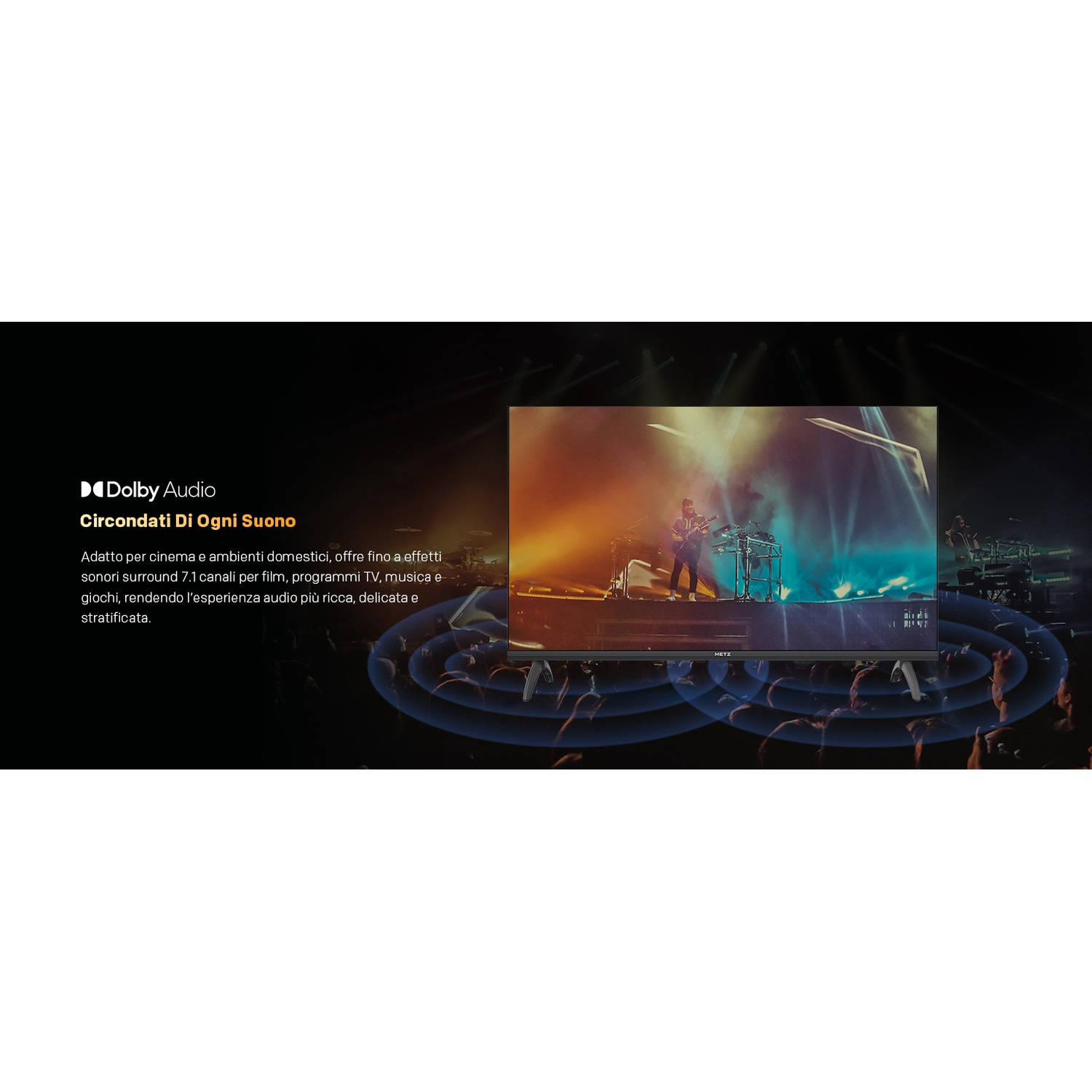 Dolby Audio: Un concerto su un TV, circondato da onde sonore grafiche.