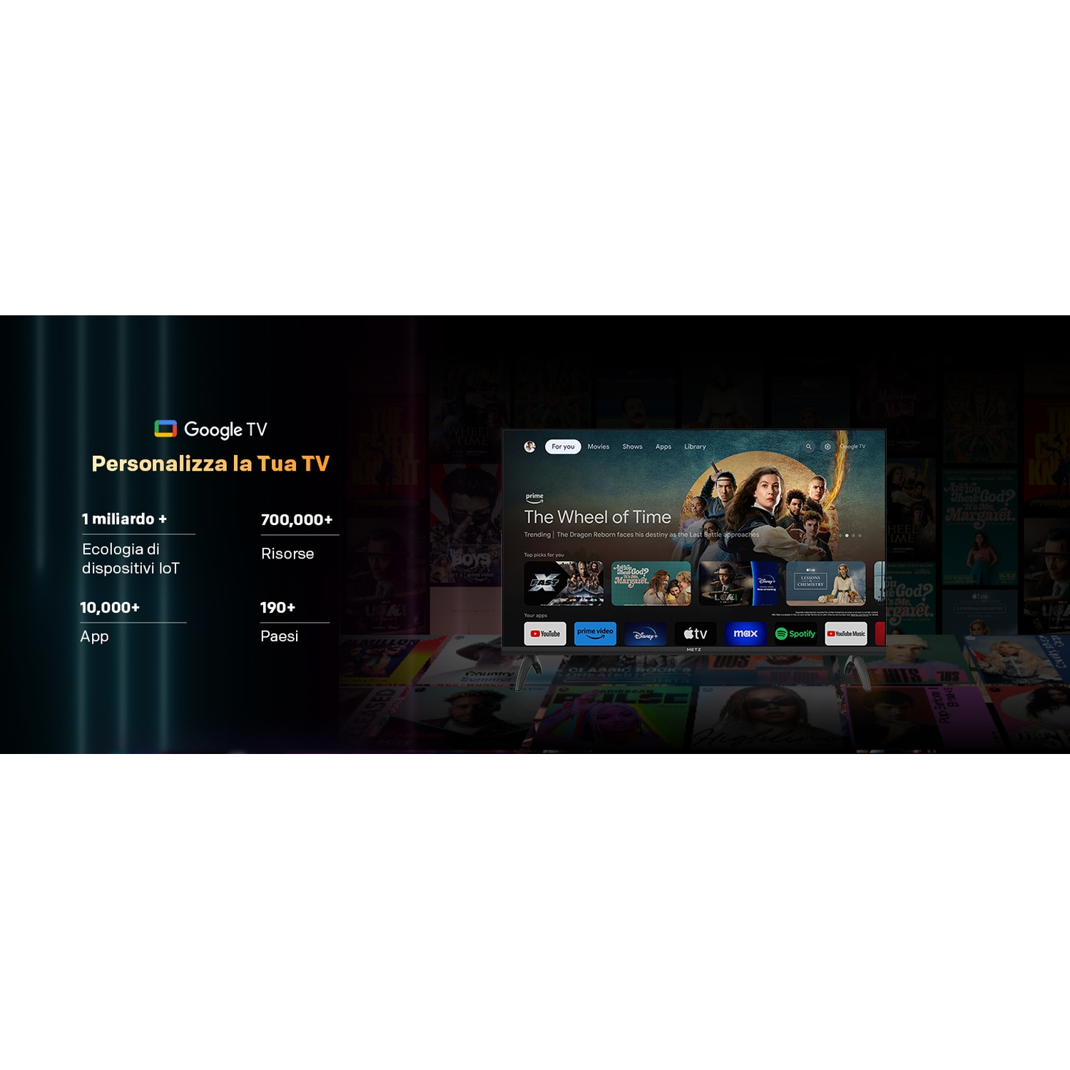 Schermata Home di Google TV con contenuti personalizzati e icone app.