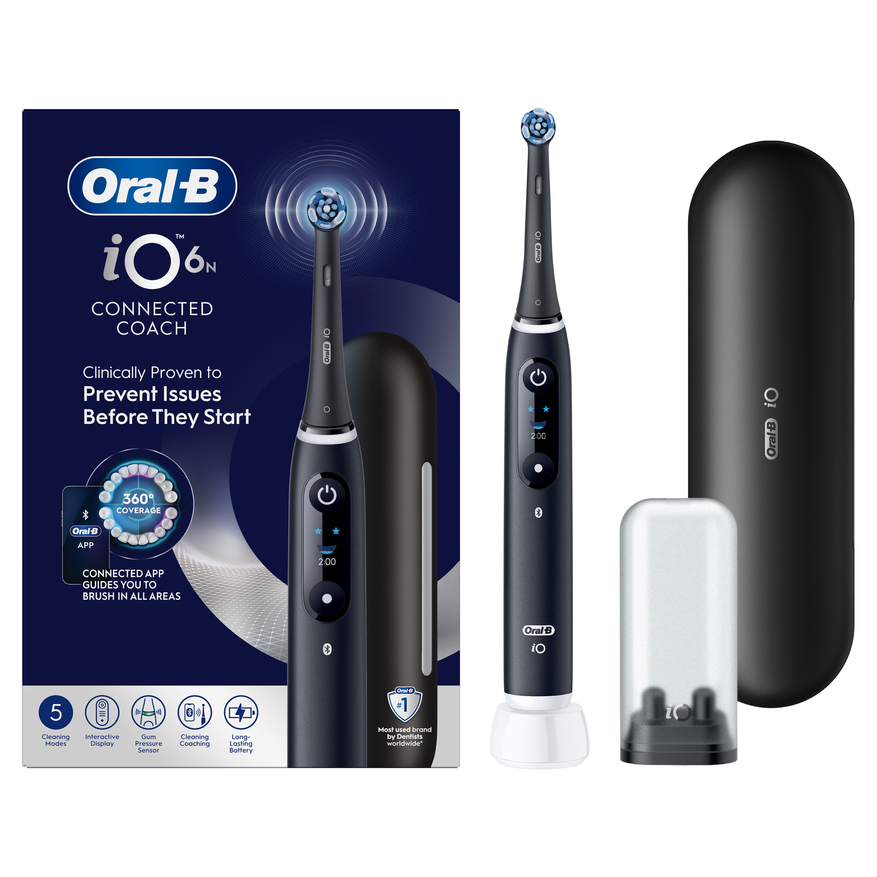 Obraz przedstawia czarną elektryczną szczoteczkę do zębów Oral-B iO 6N i akcesoria.