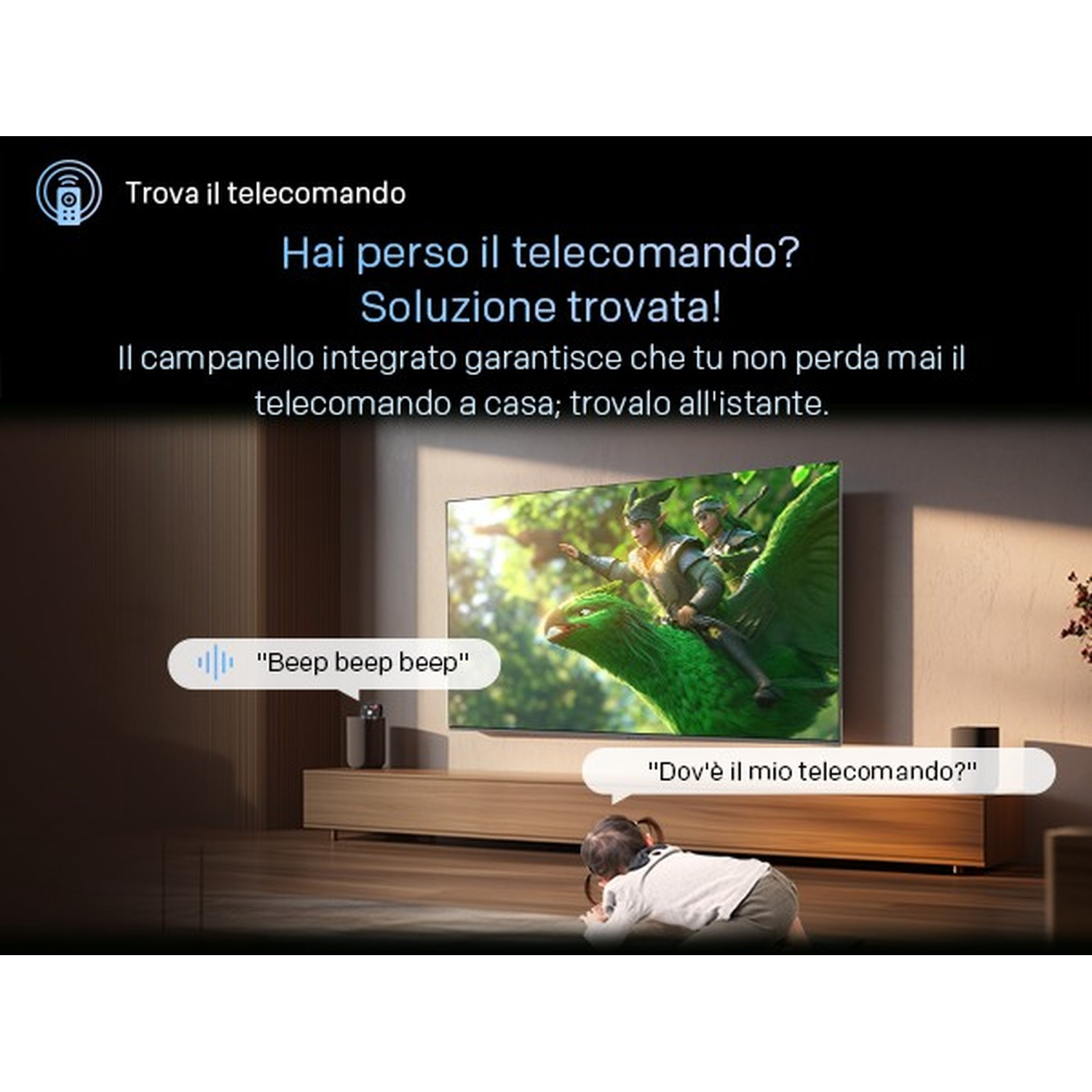 Un bambino chiede il telecomando mentre la TV mostra un'immagine.