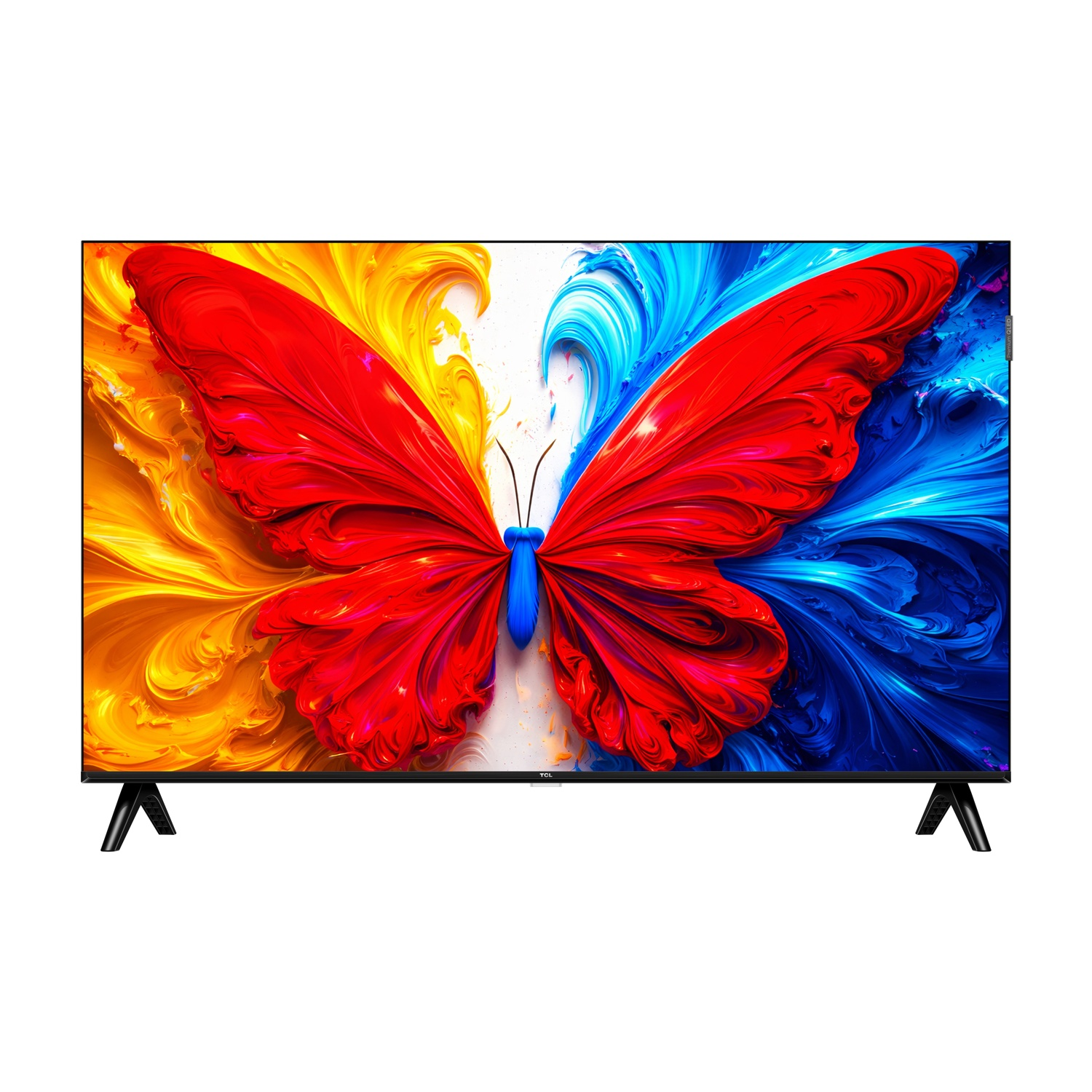 Un televisore moderno che mostra l'immagine di una farfalla colorata.
