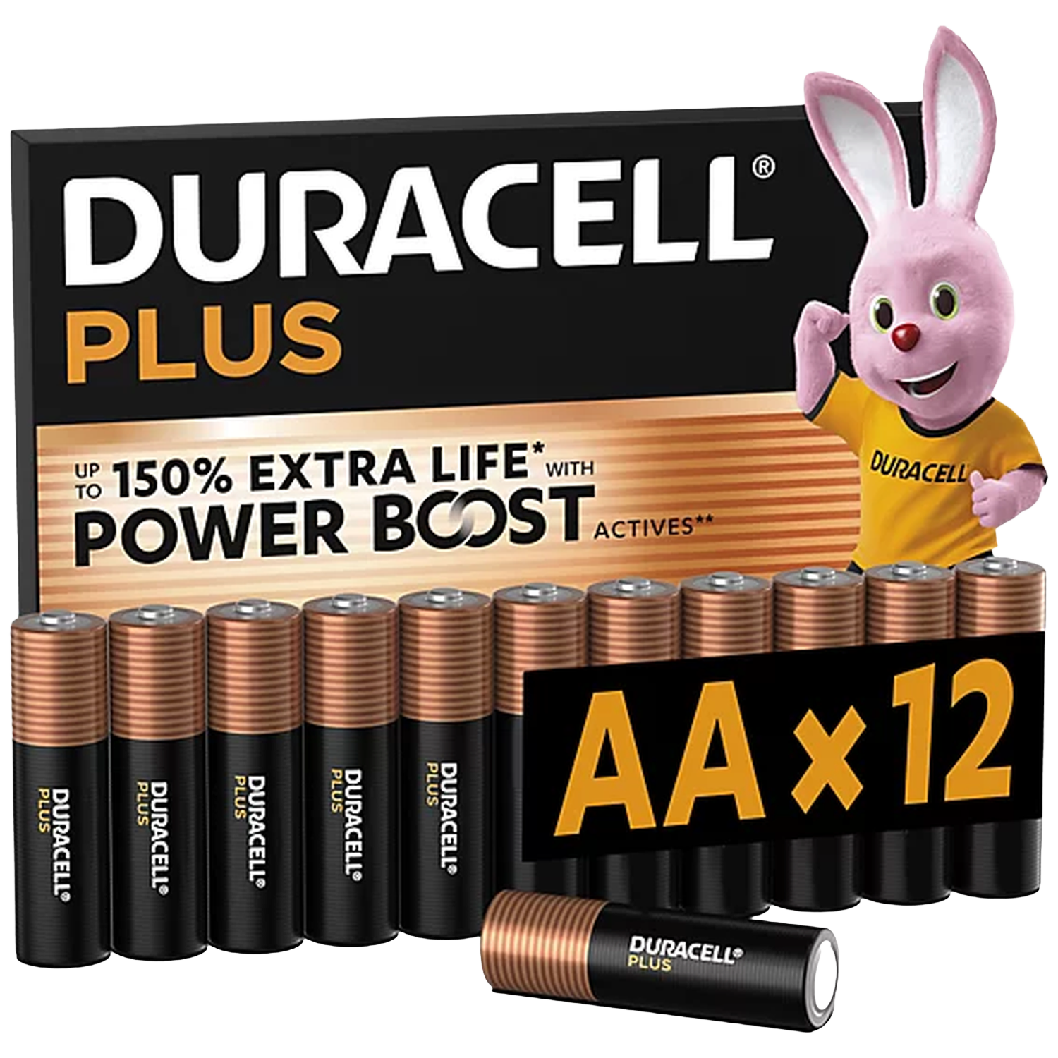 Piles Duracell Plus AA : Pack de 12 avec mascotte lapin rose et texte '150% Extra Life'.