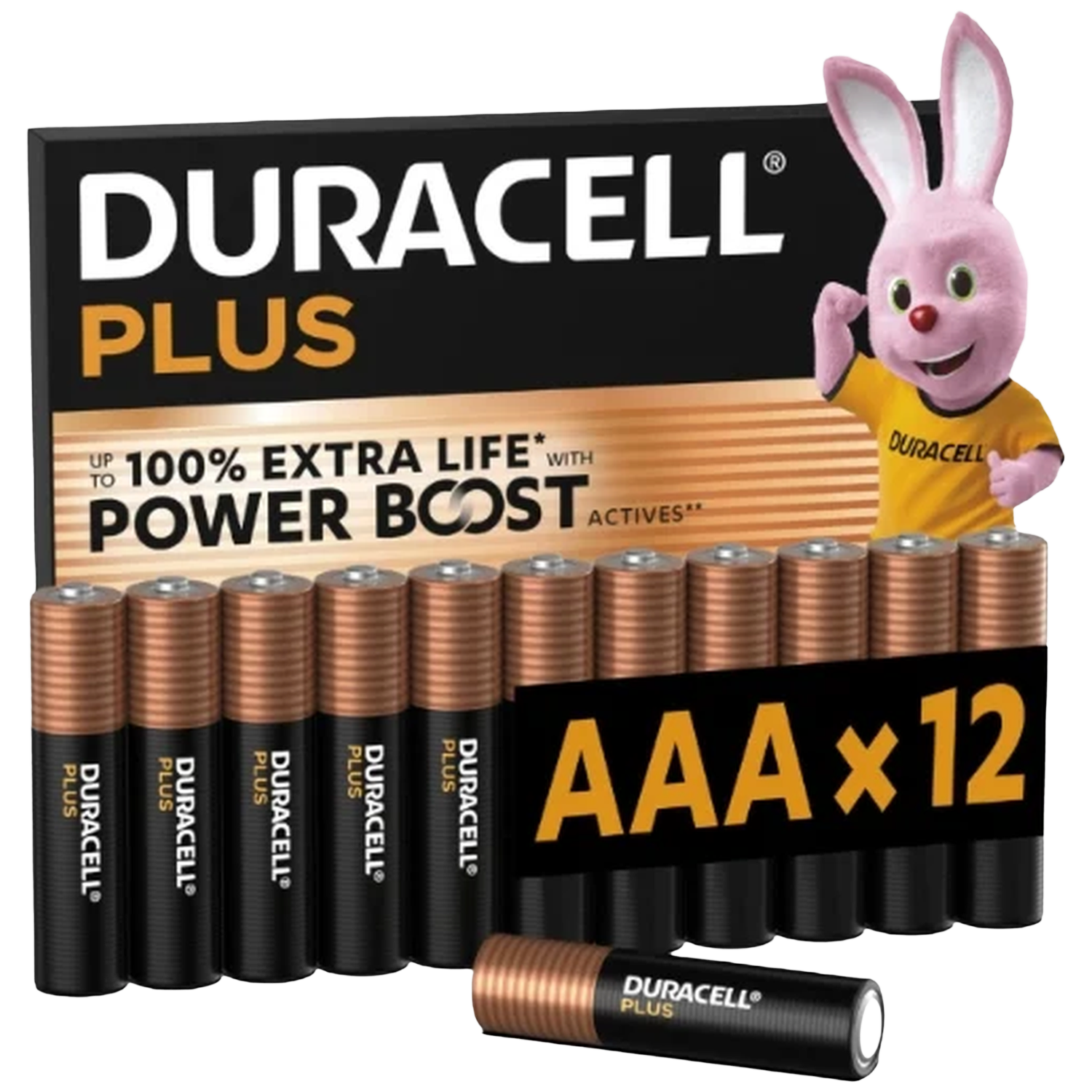Piles Duracell Plus AAA, pack de 12, avec mascotte lapin rose.
