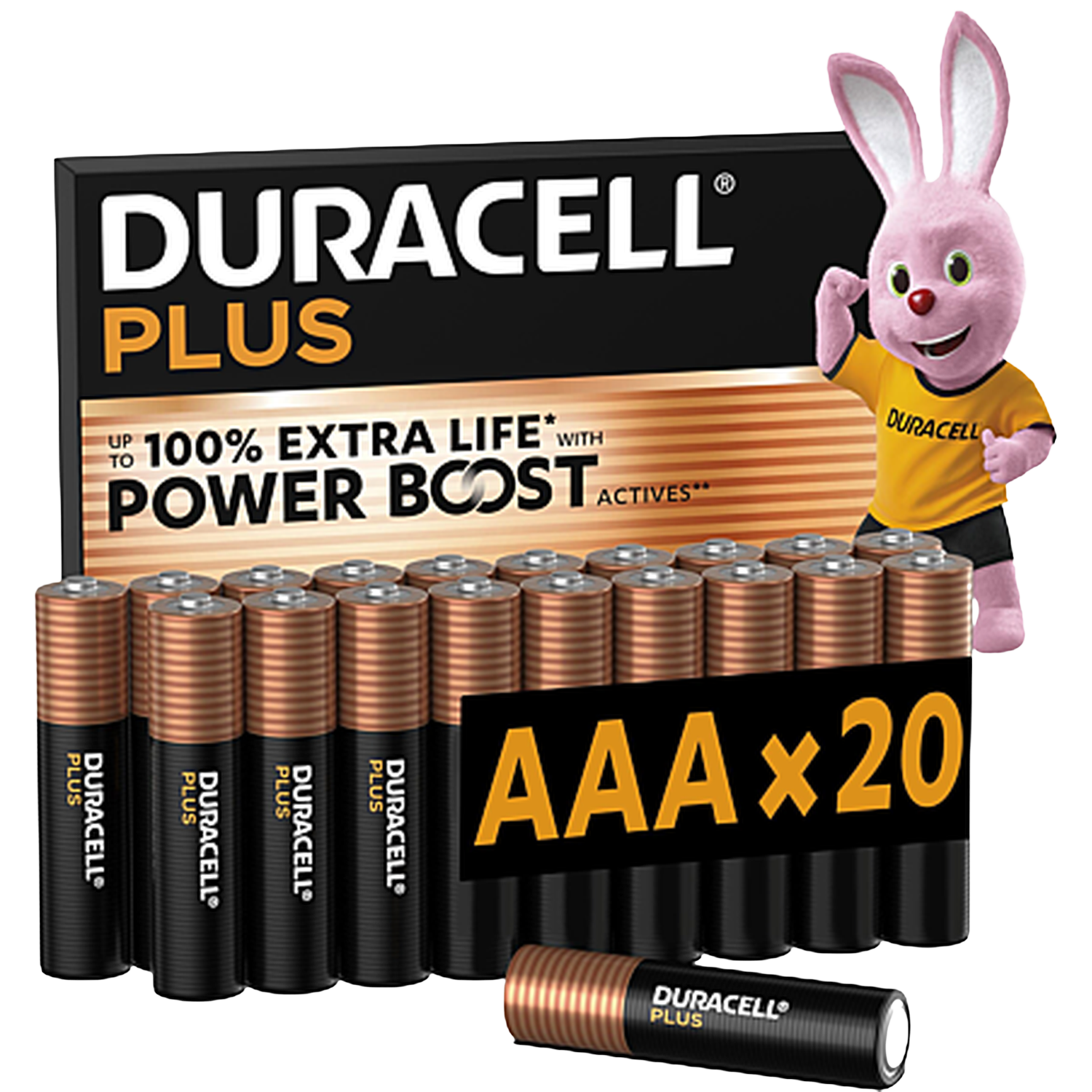 20 piles AAA Duracell Plus avec mascotte de lapin rose et texte "Power Boost".