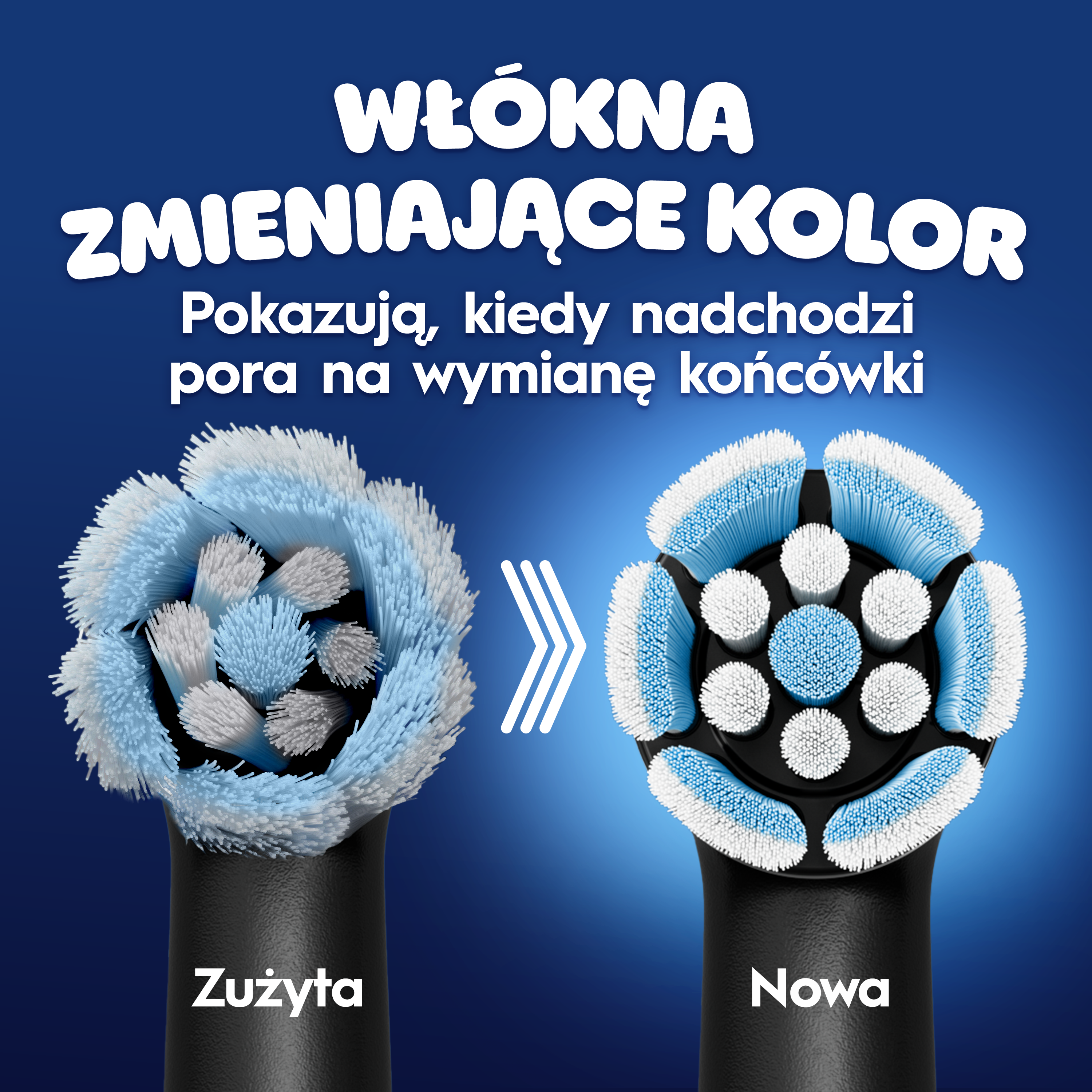 Porównanie starych i nowych końcówek szczoteczki do zębów na niebieskim tle.