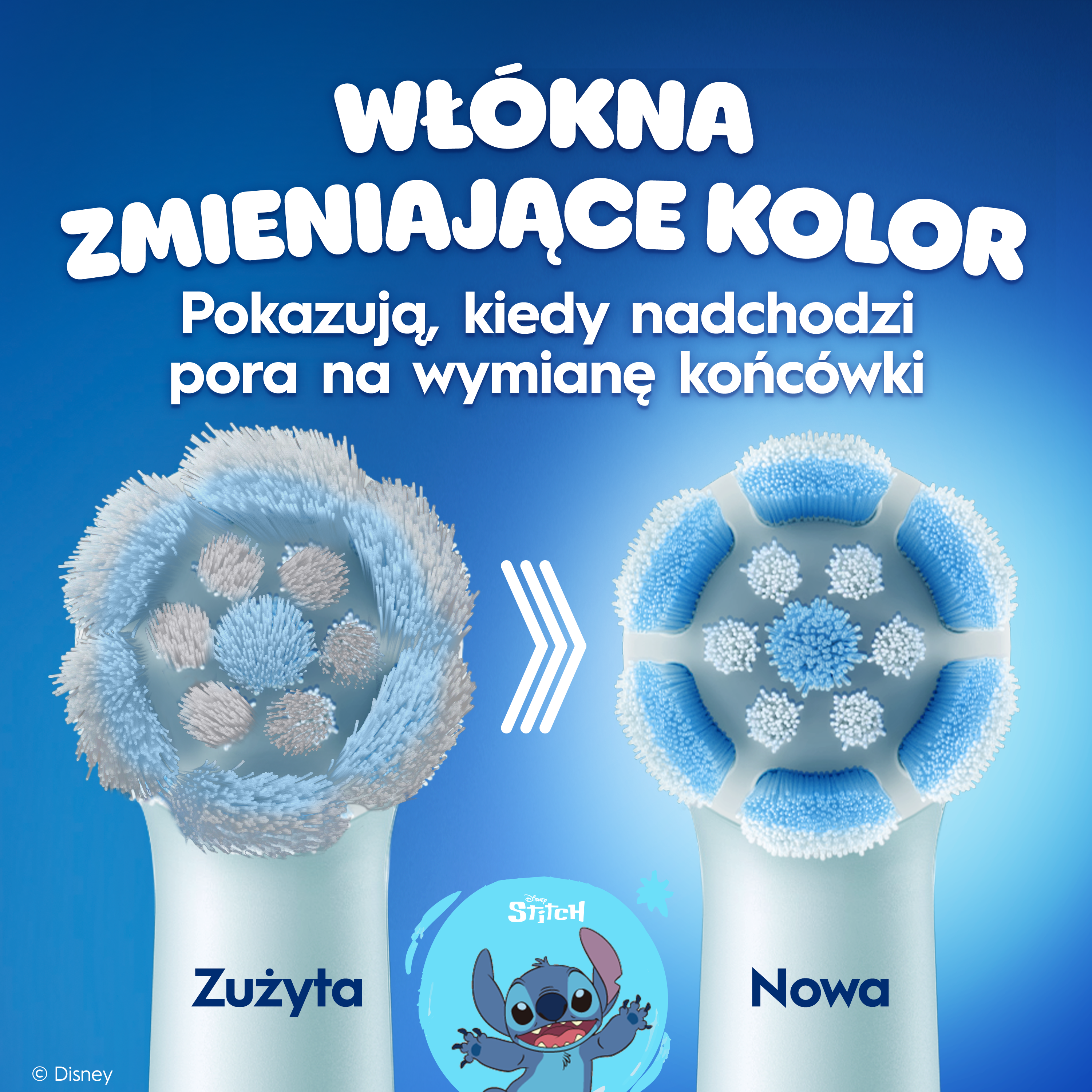 Zużyta i nowa włókna główki szczoteczki do zębów na niebieskim tle.