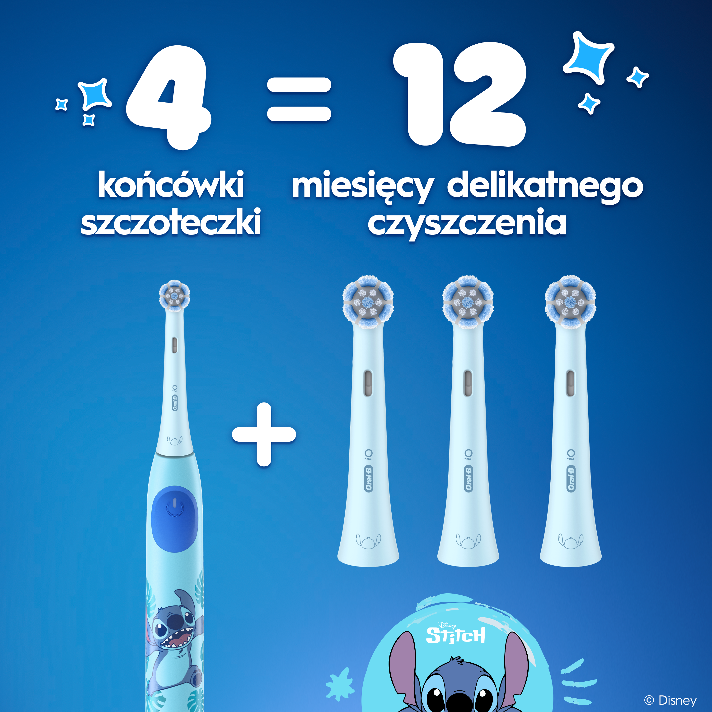 Jasnoniebieska szczoteczka elektryczna ze wzorem Stitch i 4 końcówkami.