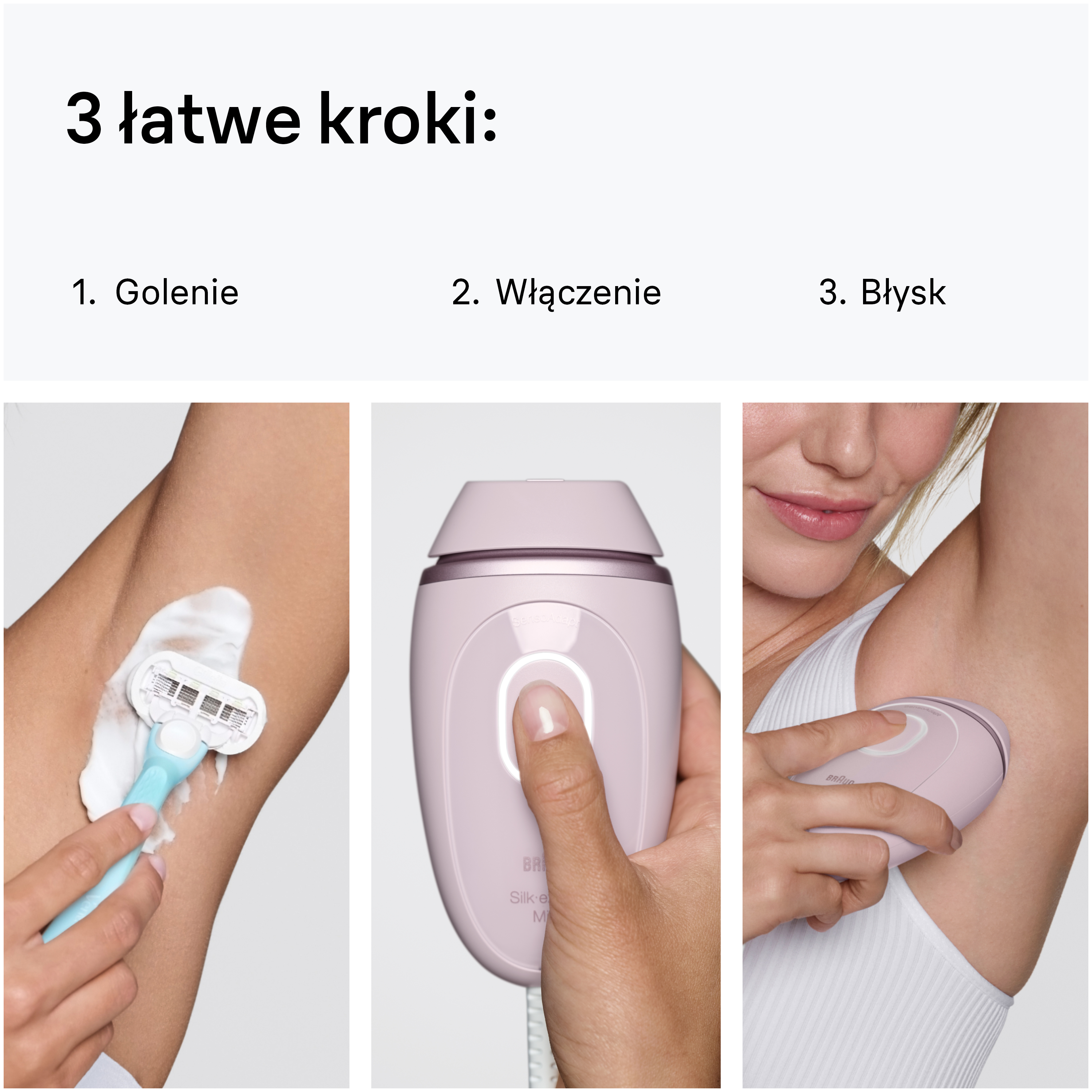 Maszynka do golenia z pianką, urządzenie IPL i ramię pod białym topem.