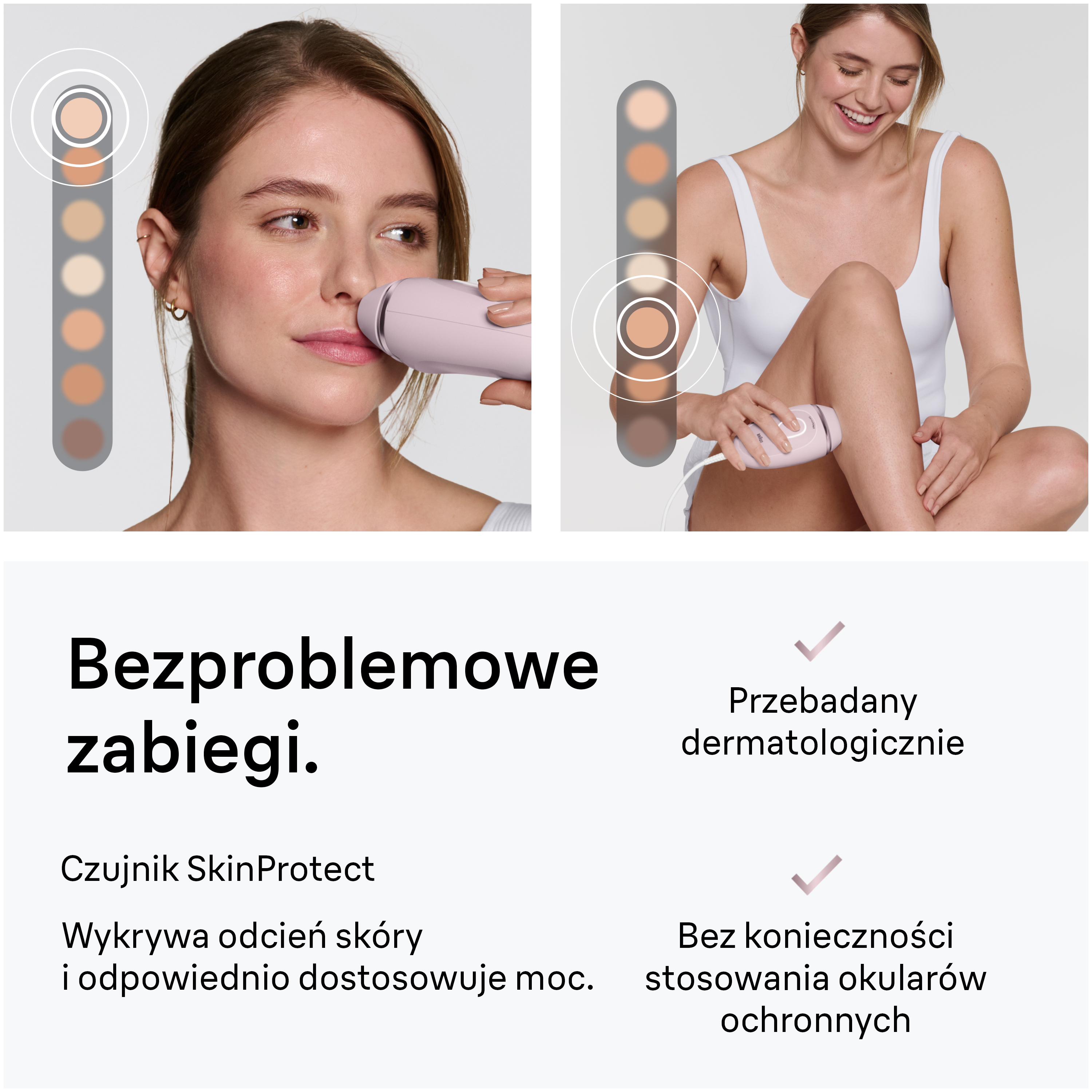 Dwie kobiety używają depilatora wykrywającego odcień skóry i dostosowującego moc.