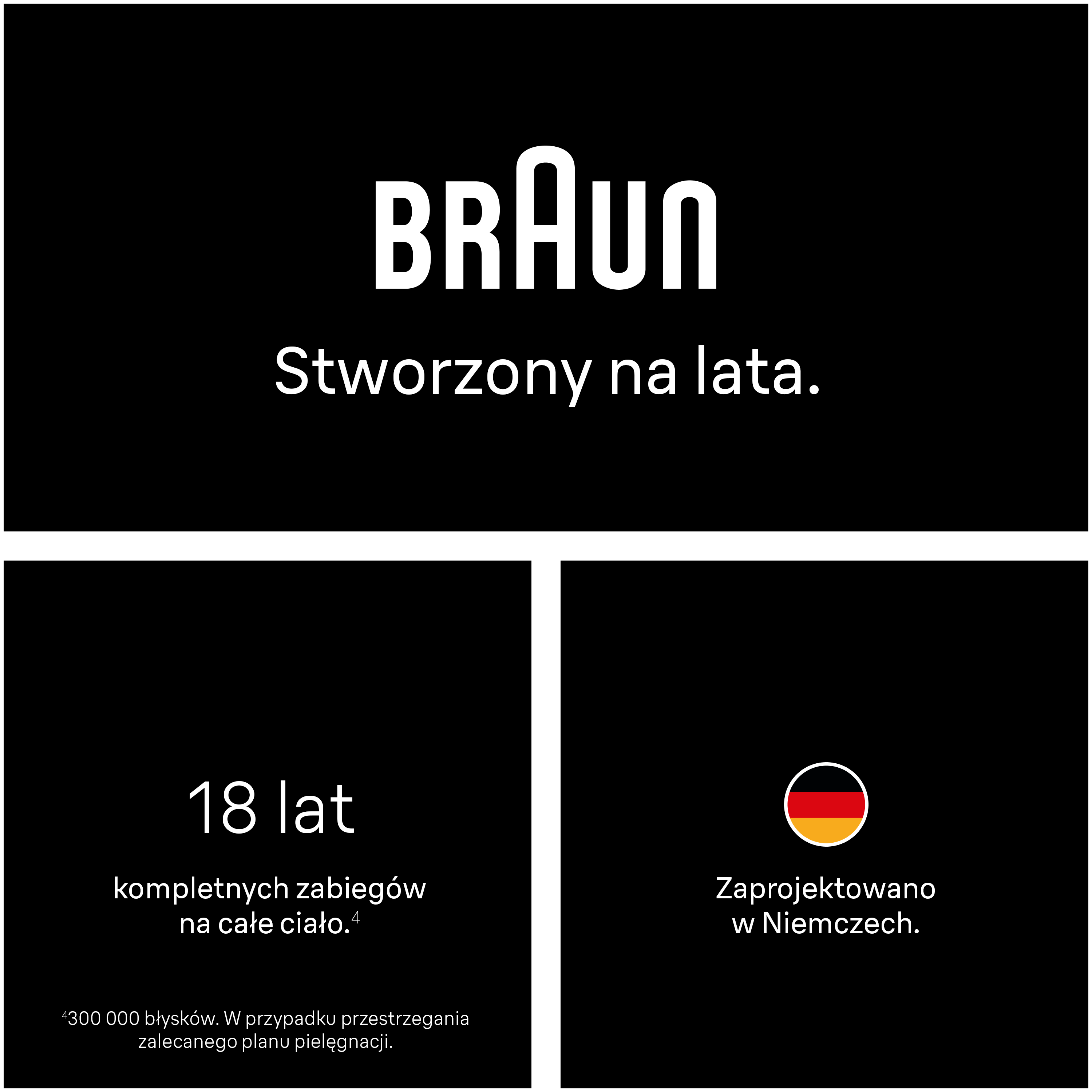 Logo Braun. 18 lat na całe ciało. Zaprojektowano w Niemczech.