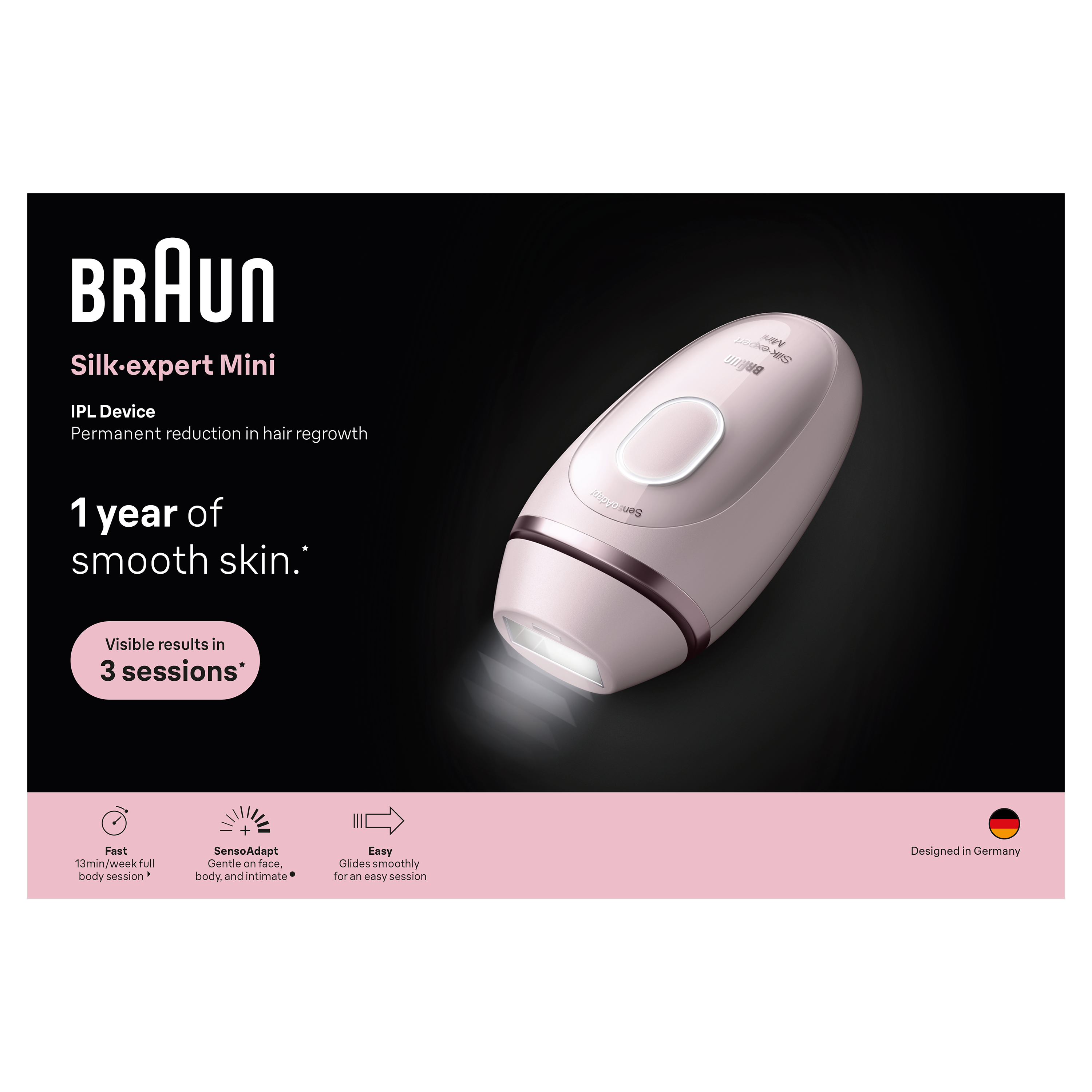 Różowy depilator IPL Braun Silk-expert Mini na czarnym tle.