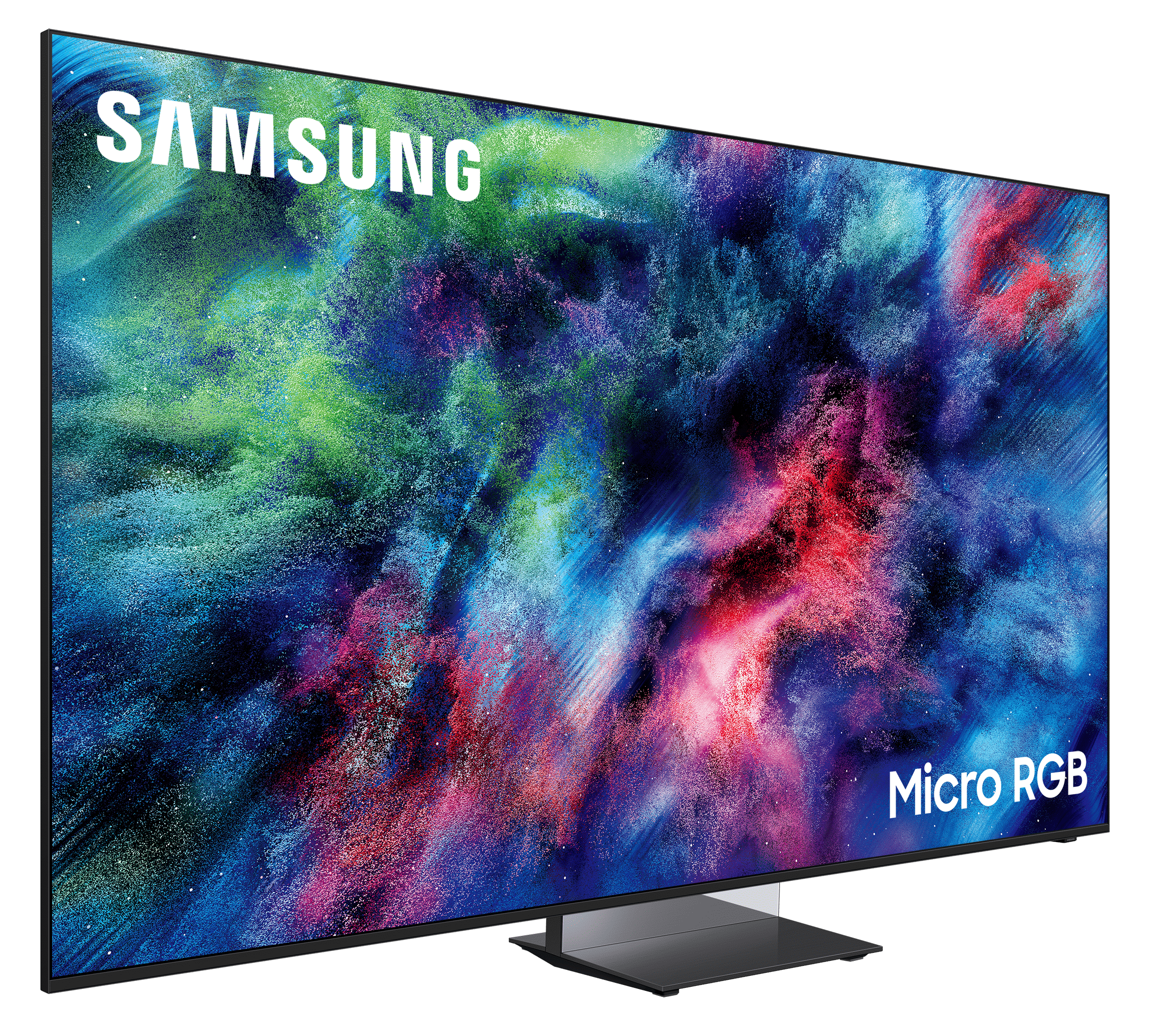 Telewizor Samsung Micro RGB wyświetlający żywe, kolorowe tło abstrakcyjne na czarnym tle.