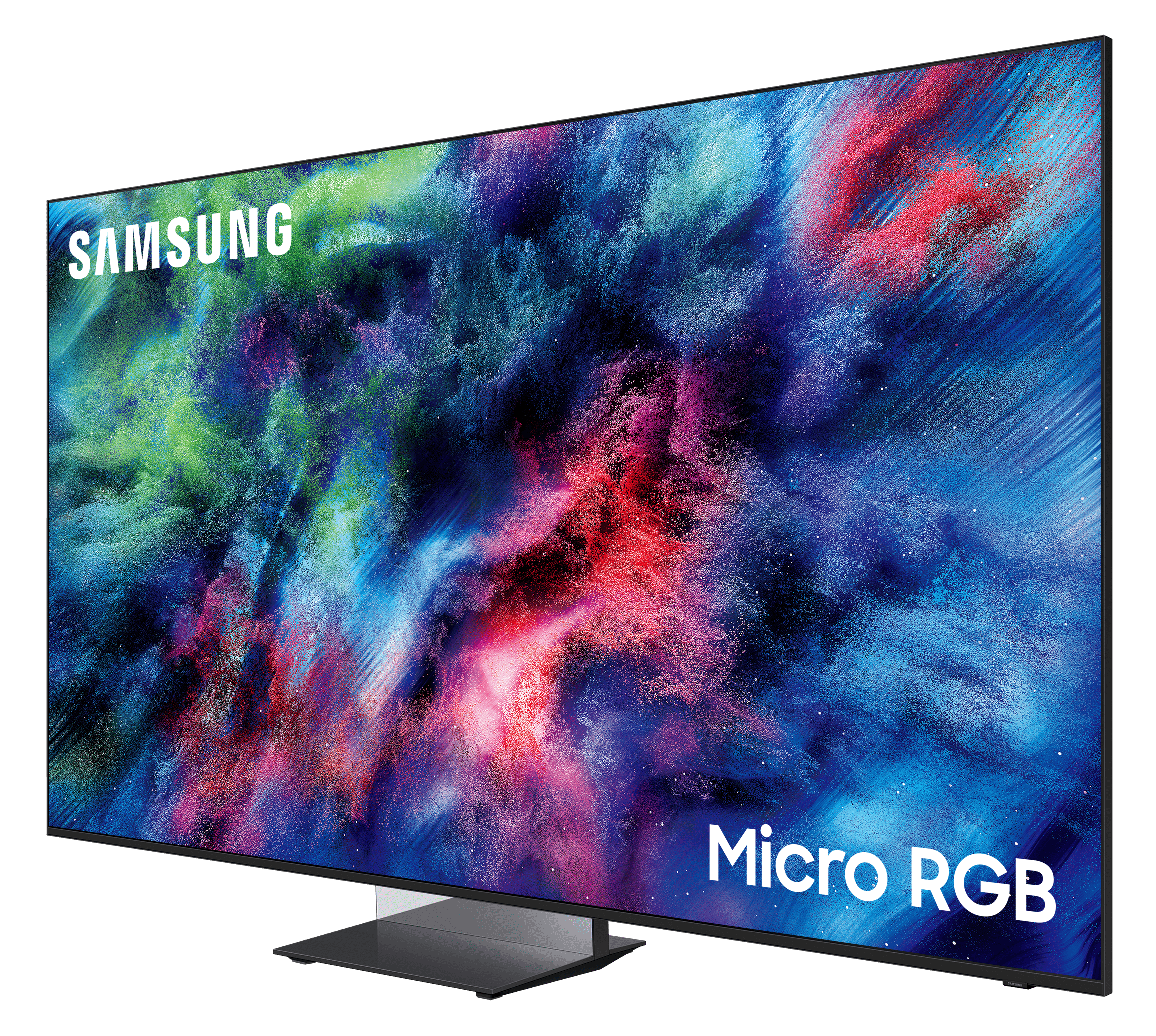 Telewizor Samsung Micro RGB z kolorowym kosmicznym tłem.
