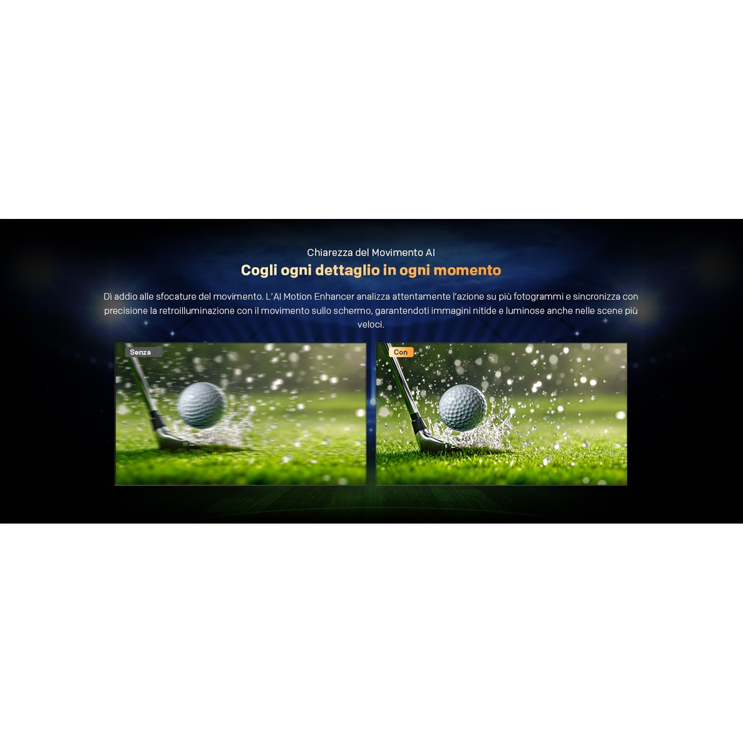 Bastone da golf colpisce palla sull'erba. Schermo diviso mostra movimento sfocato vs chiaro.