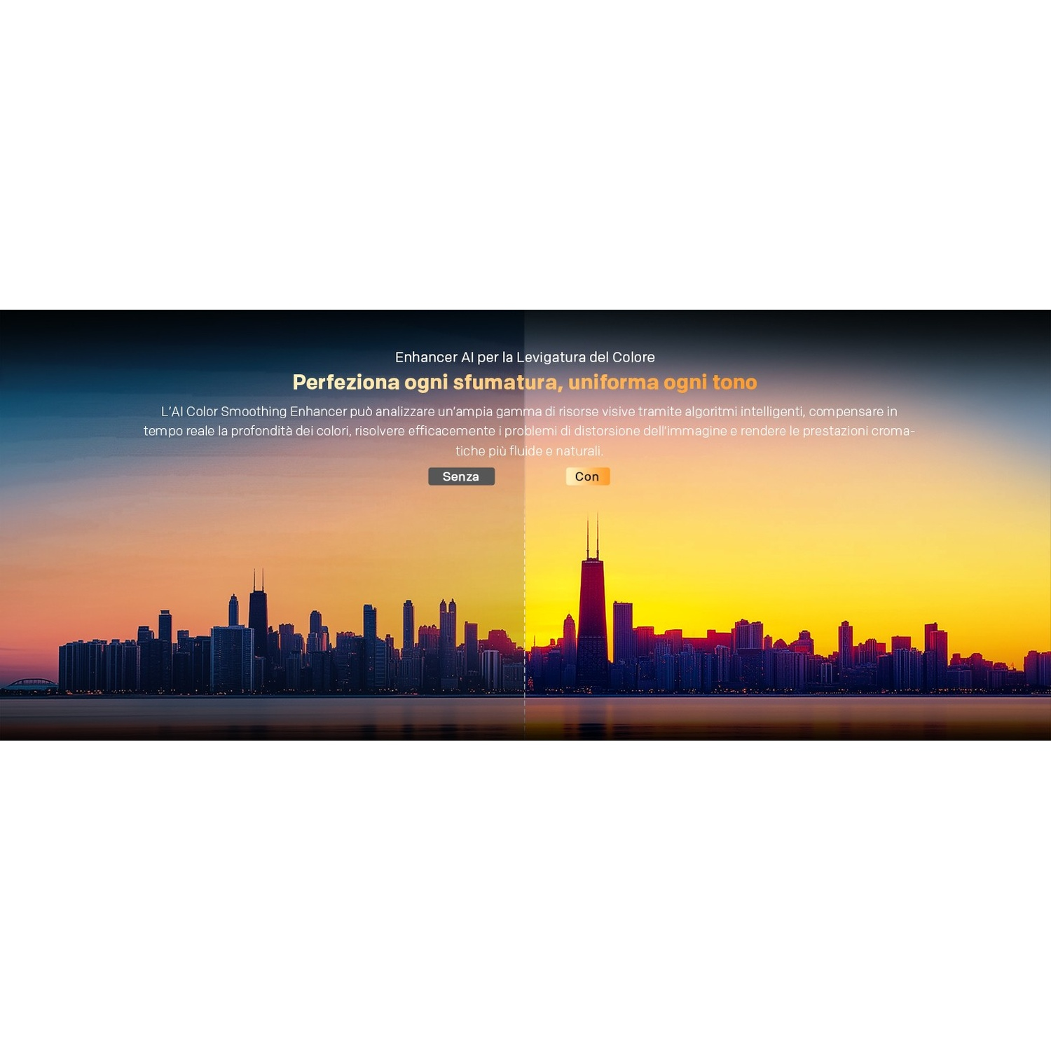 Skyline di Chicago al tramonto, divisa con miglioramento IA a destra.