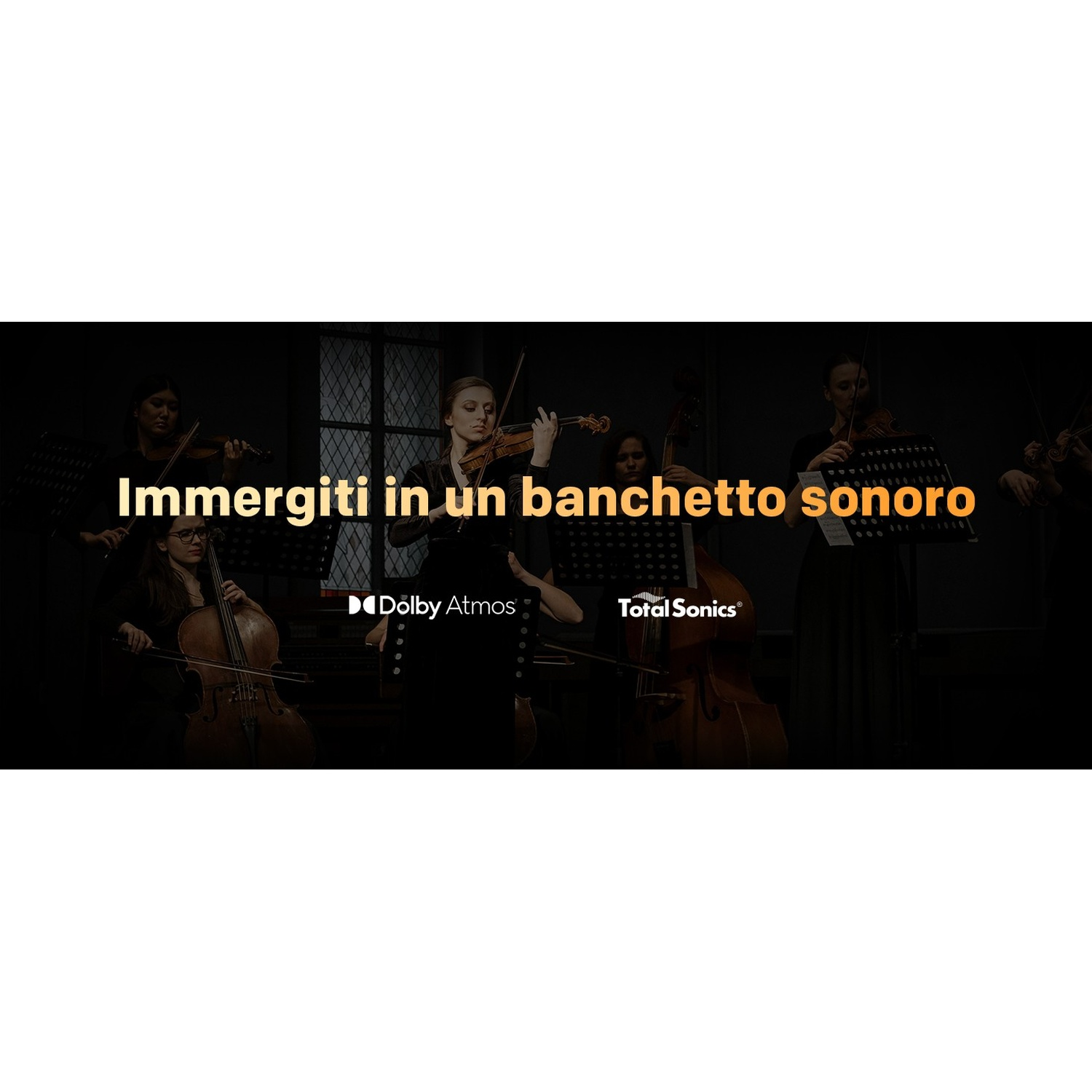 Orchestra con violoncellisti e violinisti, "Immergiti in un banchetto sonoro".
