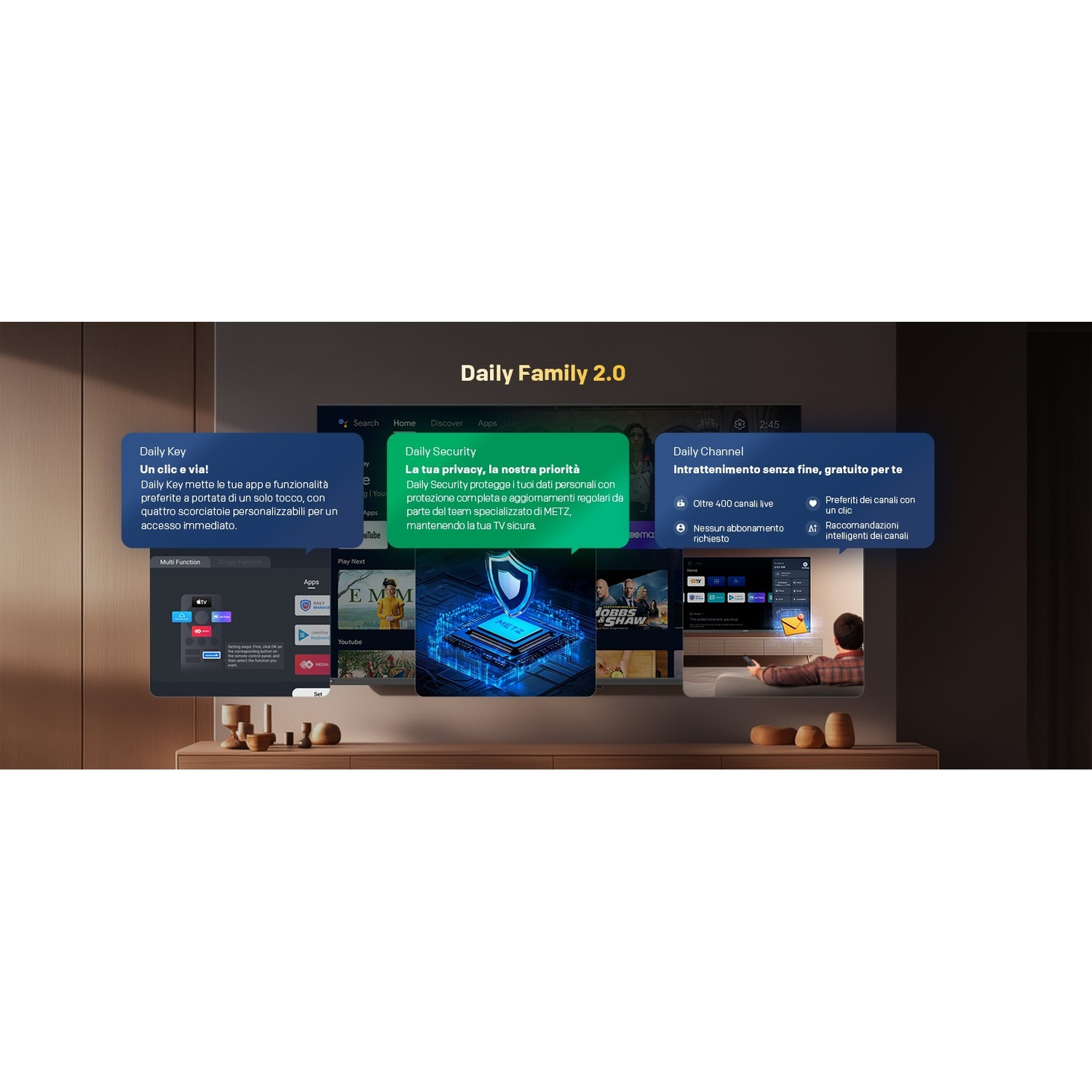 Uno schermo TV mostra l'interfaccia Daily Family 2.0 con app.