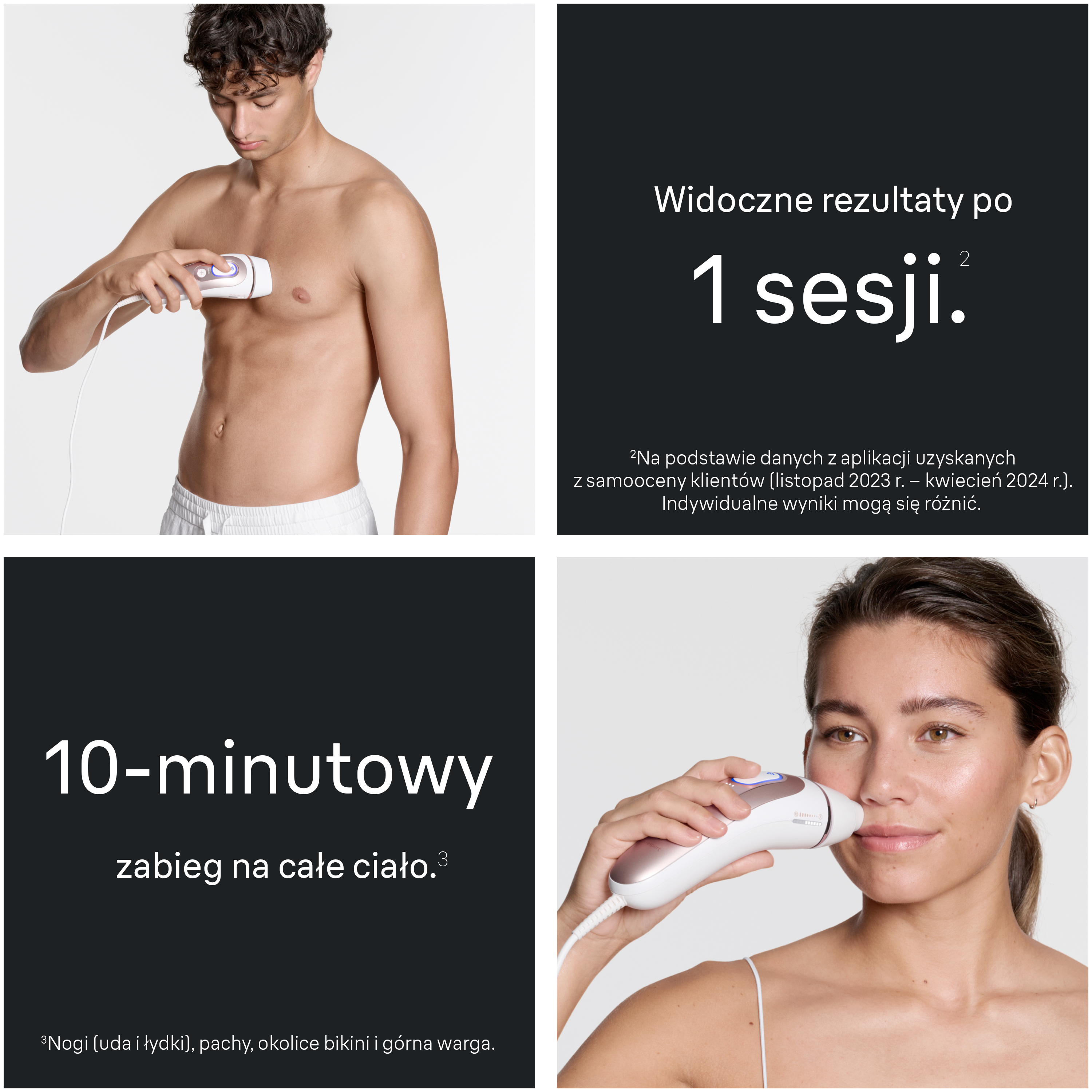 Mężczyzna używa depilatora IPL na torsie, kobieta na nosie. Tekst: 10-minutowy zabieg.
