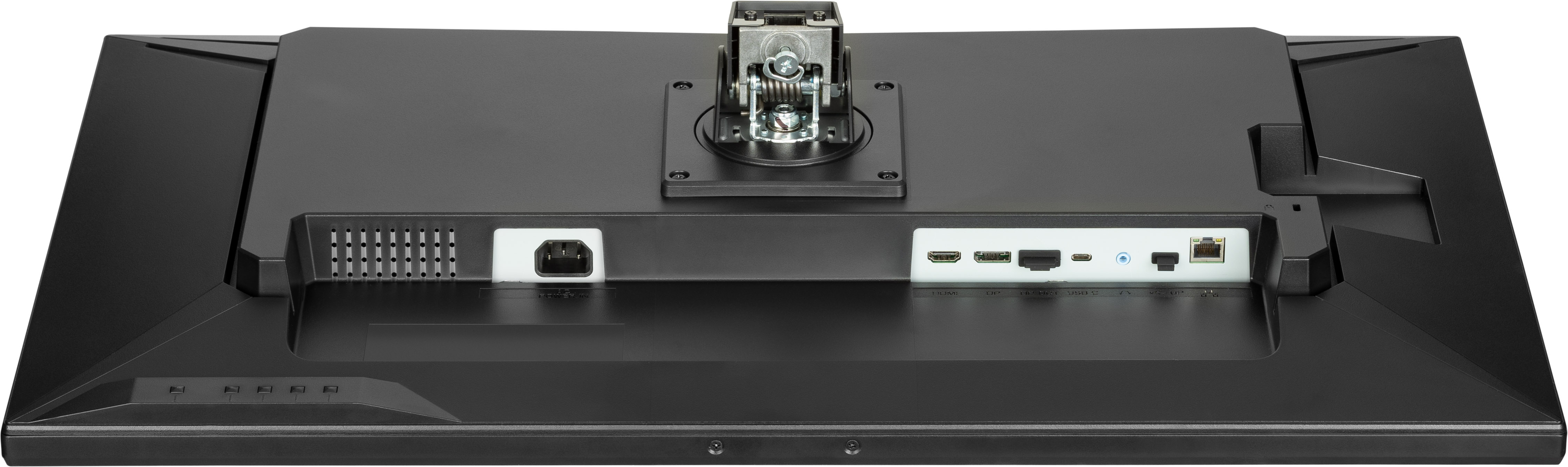 Tył czarnego monitora z portami: AC IN, HDMI, DP, USB-C, Audio, LAN.