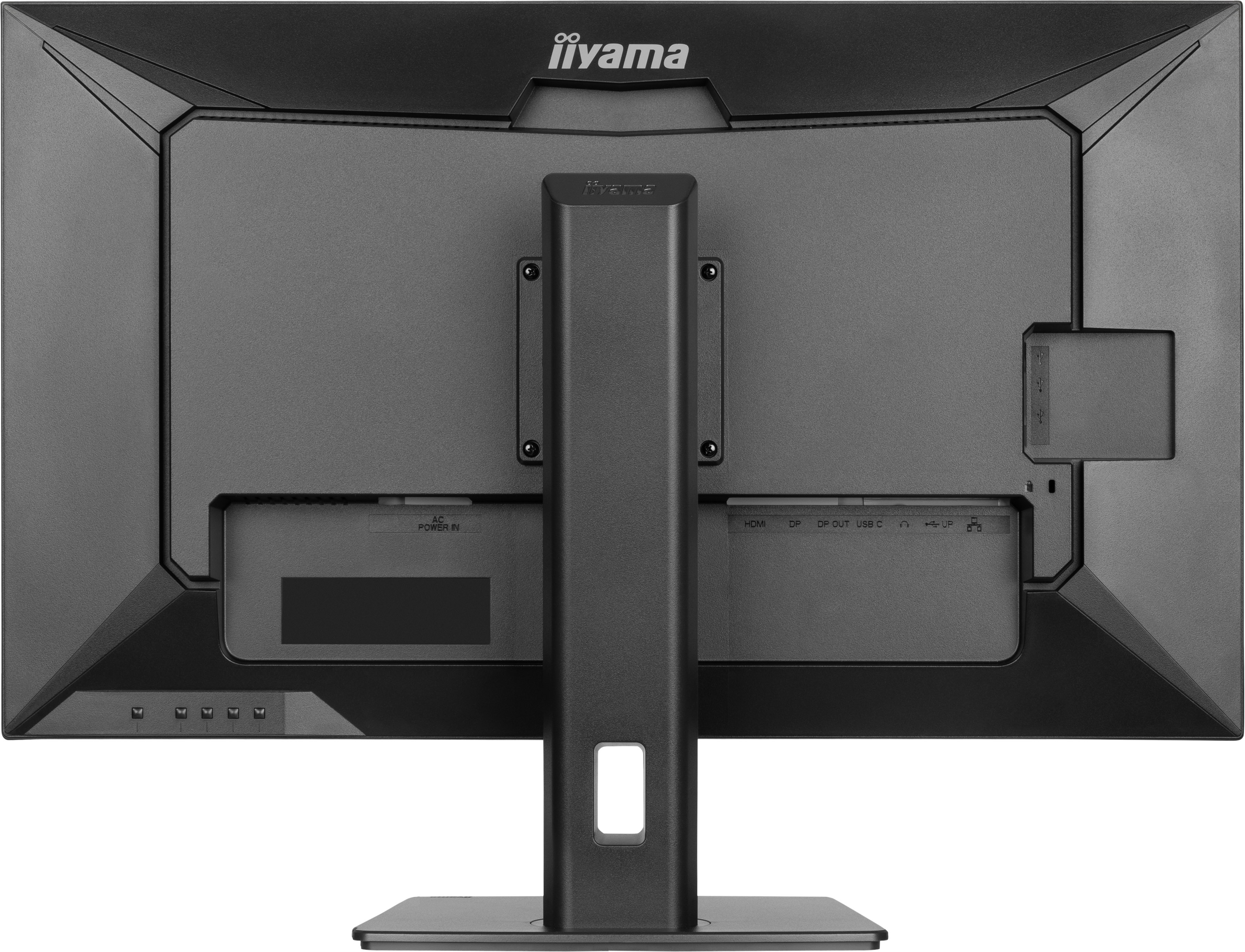 Tył czarnego monitora z portami i podstawą. Widoczne logo Iiyama.