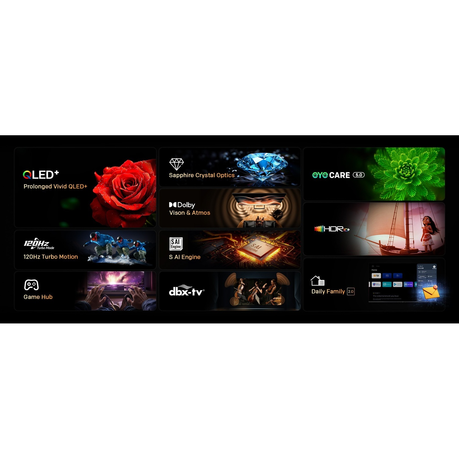 Tecnologie schermo: QLED+, Zaffiro, Dolby Vision, HDR+. Funzionalità: 120Hz, Motore AI, Hub Giochi, dbx-tv, OYO CARE, TV Famiglia.