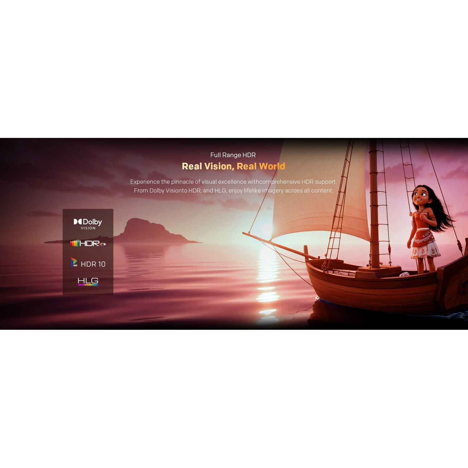 Ragazza su barca a vela al tramonto, loghi Dolby Vision, HDR10 e HLG mostrati.