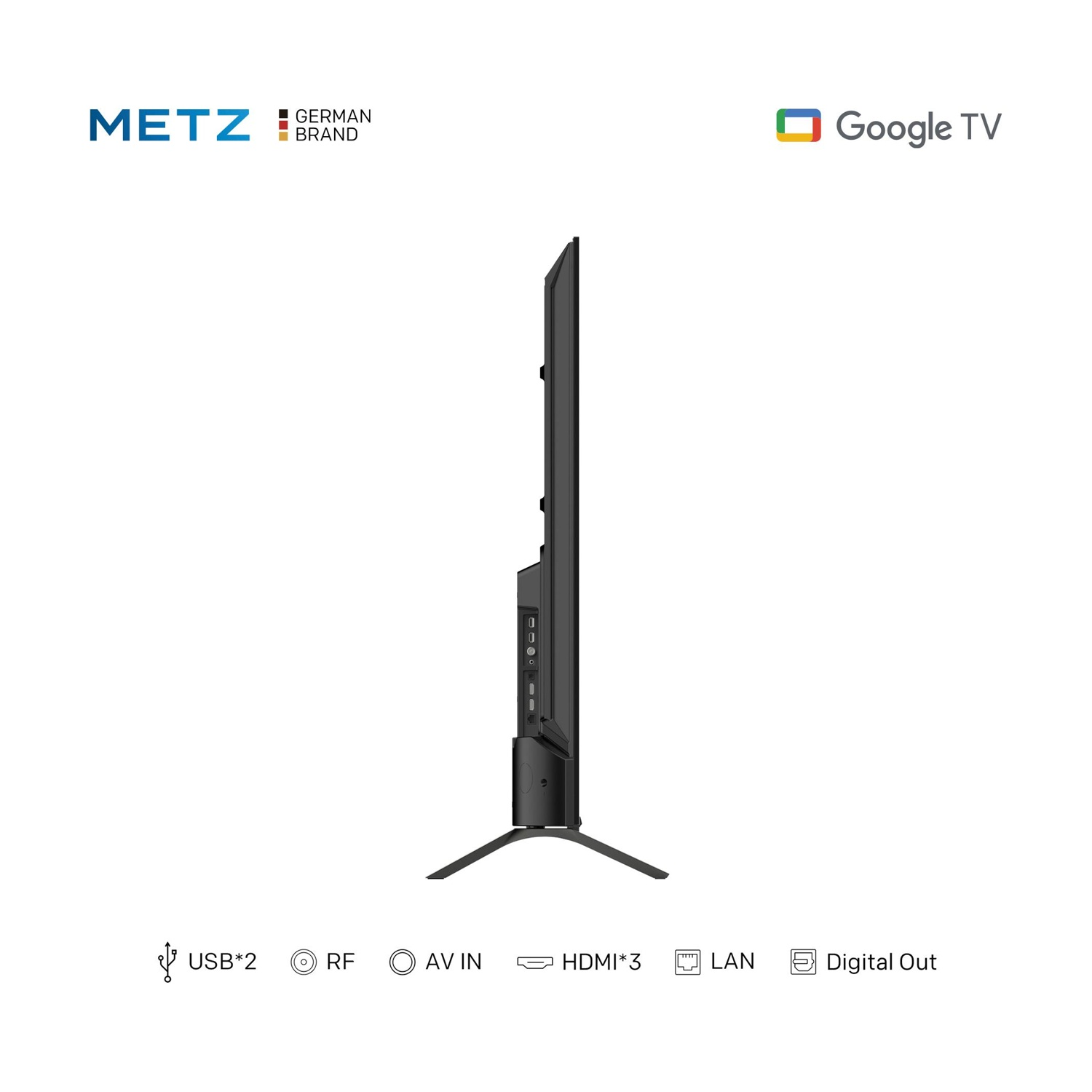 Vista laterale di un METZ Google TV nero con icone di connessione sotto.