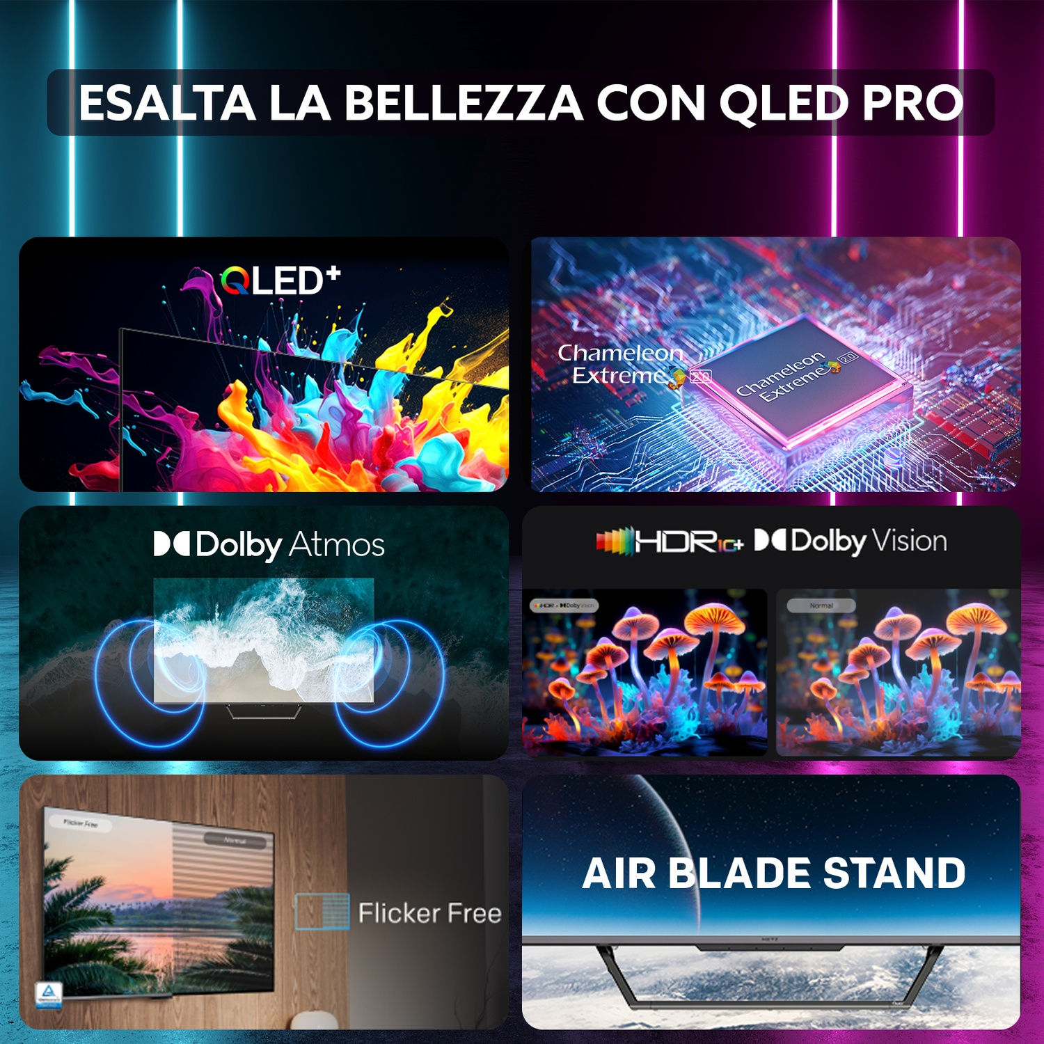 Un collage di immagini che mostrano tecnologie TV come QLED+, Dolby Atmos, HDR10+ e Flicker Free.