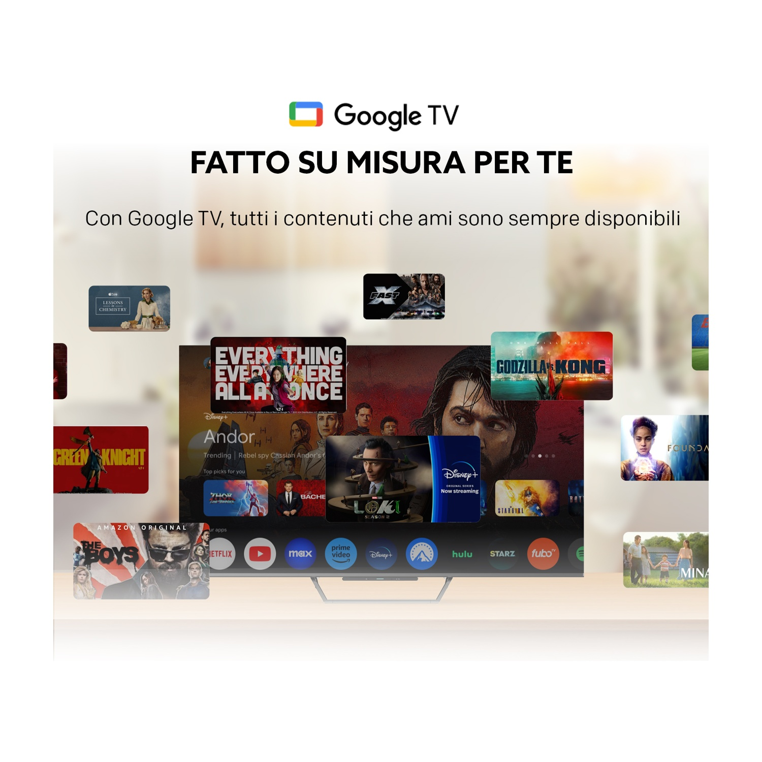 Home page Google TV con vari poster di film e serie su un televisore.
