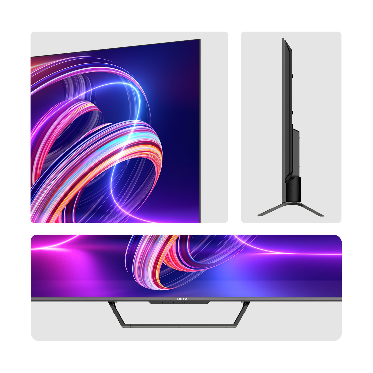 Un televisore moderno con uno sfondo astratto dinamico di luci al neon.