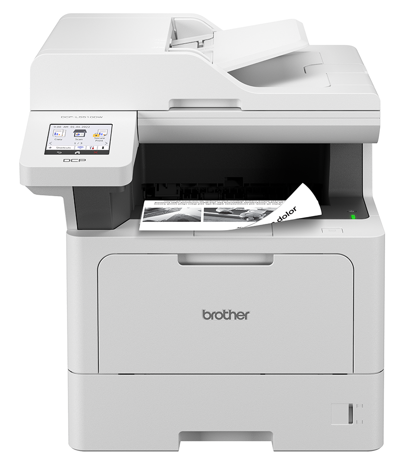 Biała drukarka Brother DCP-L5510DW z częściowo wysuniętym wydrukiem.