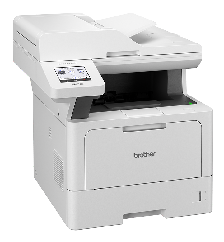 Biała drukarka laserowa Brother MFC-L5710DN z ekranem dotykowym.
