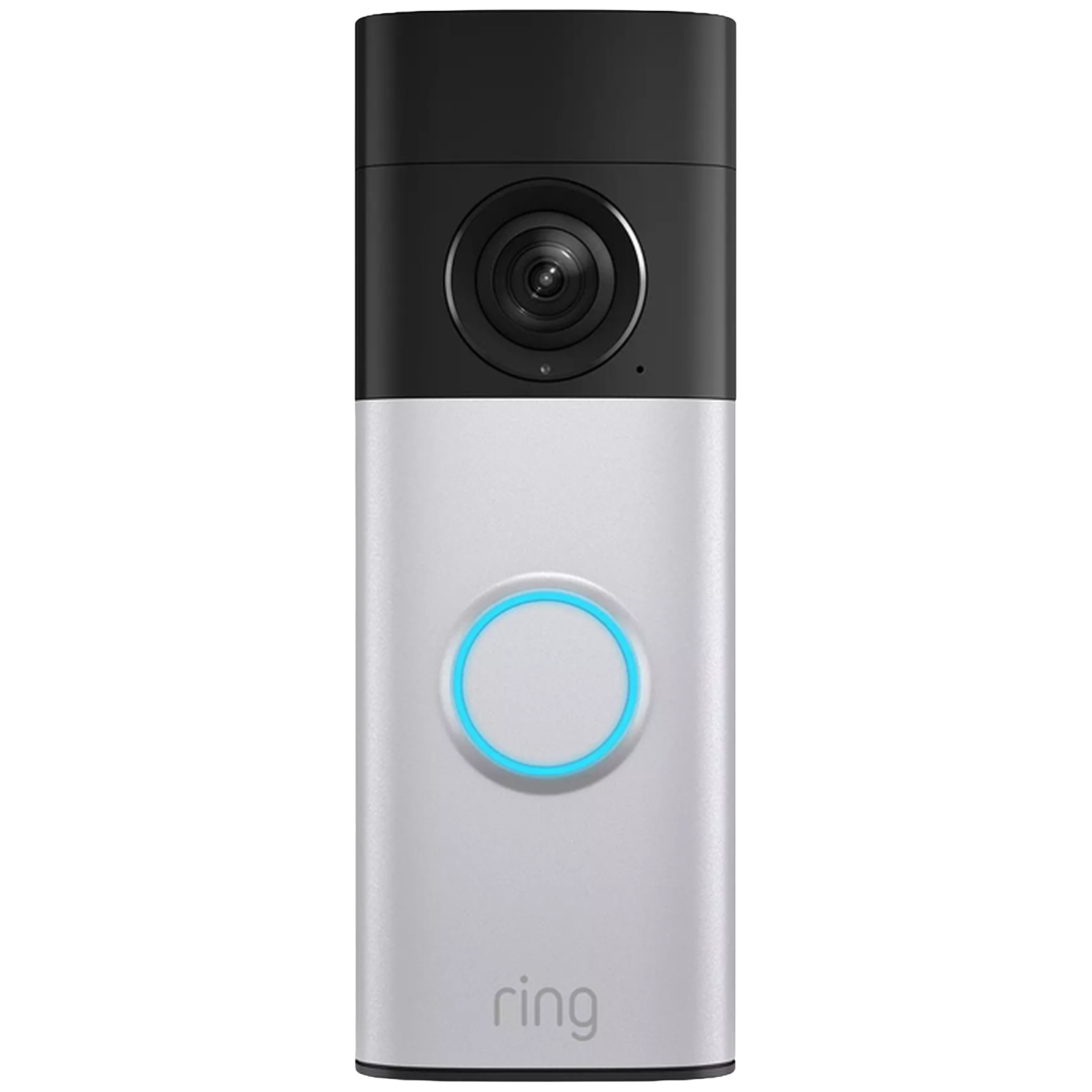 Une sonnette Ring argentée avec un haut noir et un bouton illuminé bleu.
