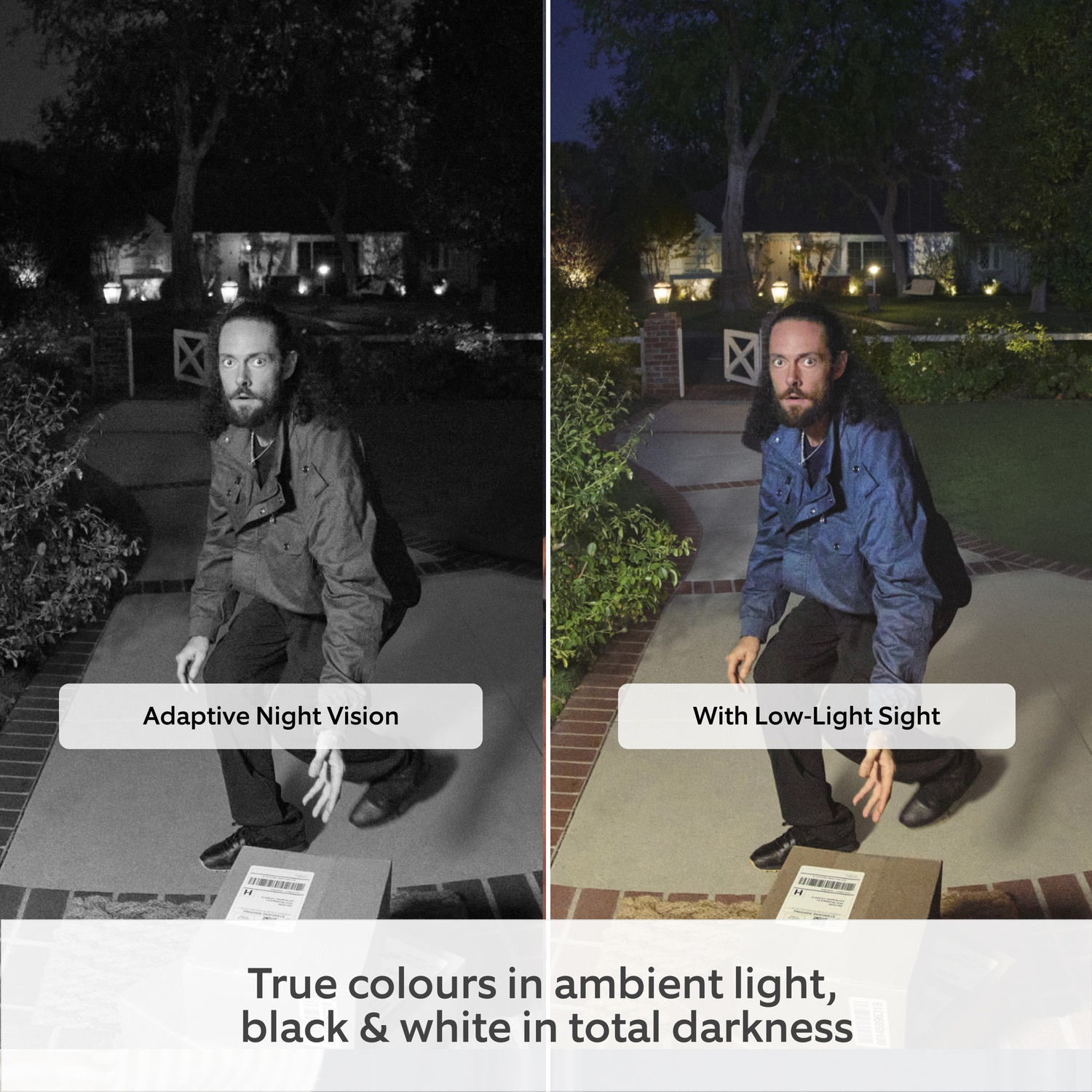 Homme agenouillé avec paquet; gauche N&B, droite couleur; comparaison nuit.