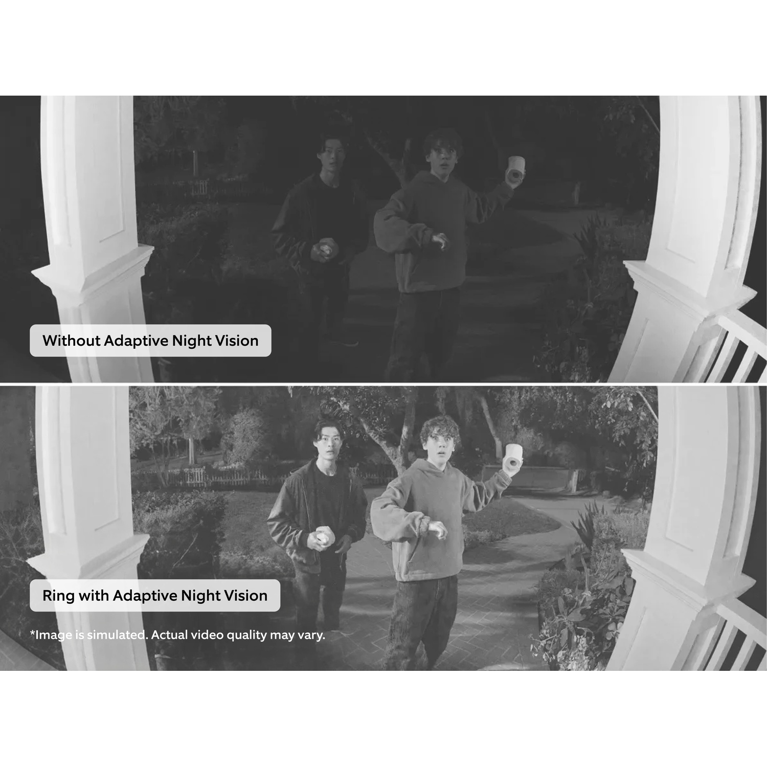 Deux personnes sont montrées la nuit devant une maison, une fois sans et une fois avec vision nocturne.